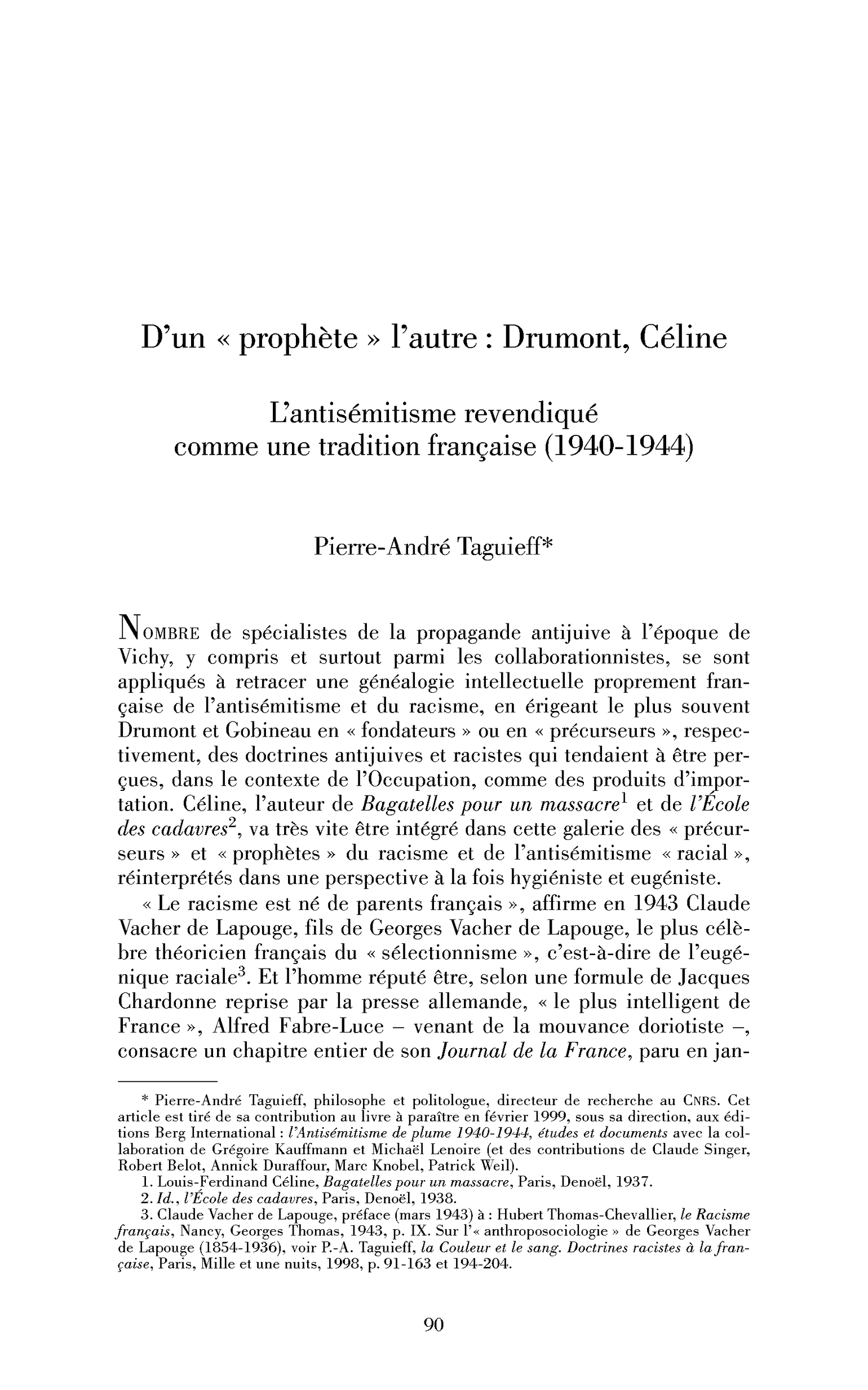 « D’un »« prophète« « l’autre : Drumont, Céline. L’antisémitisme revendiqué comme une tradition française (1940-1944)« 