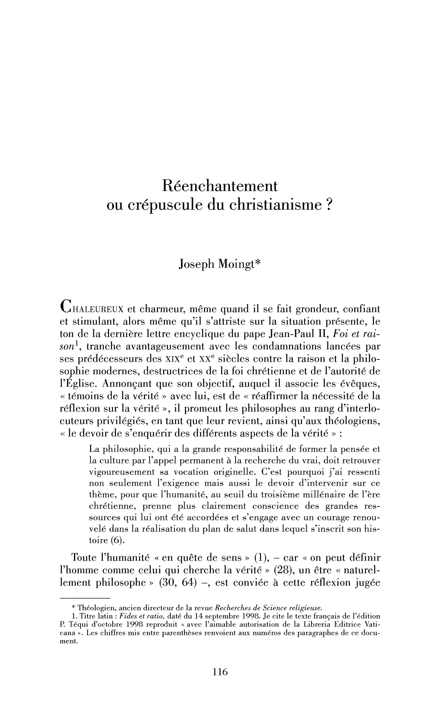 Réenchantement ou crépuscule du christianisme?