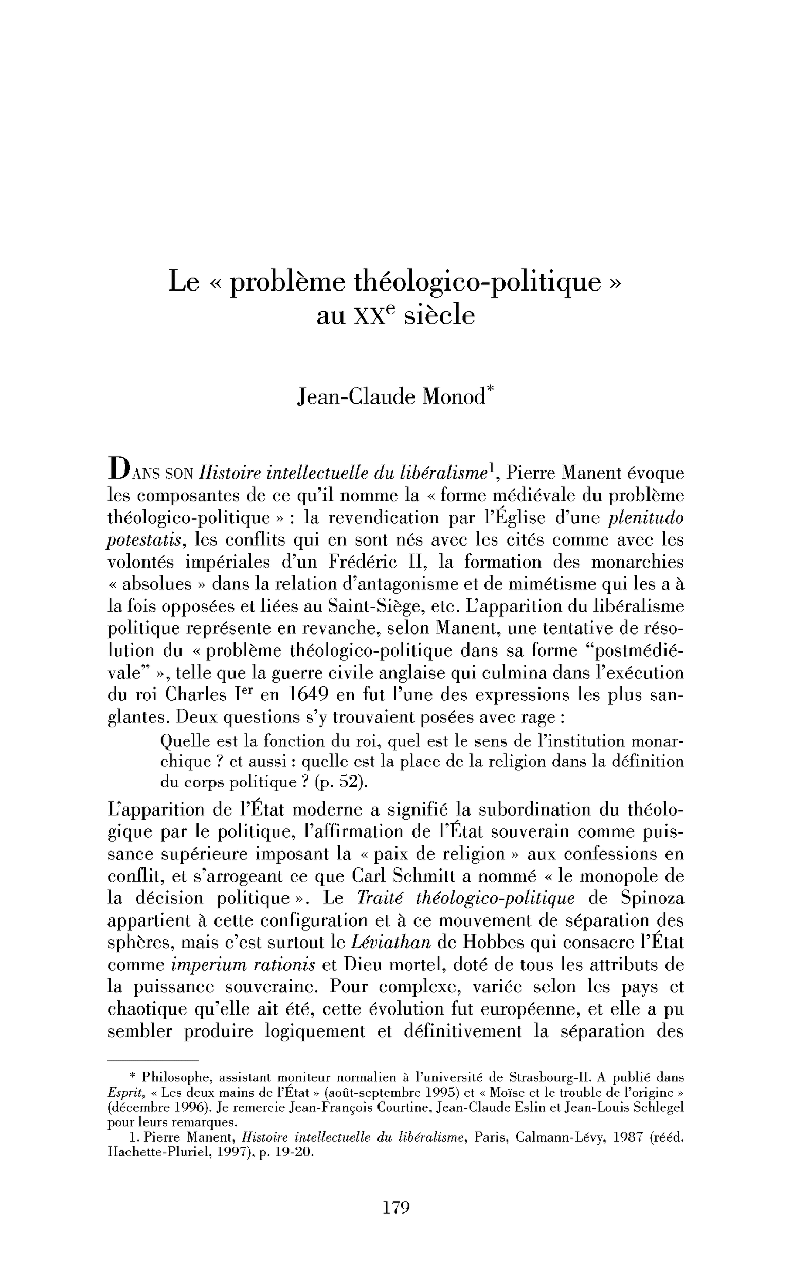Le « problème théologico-politique » au XXe siècle