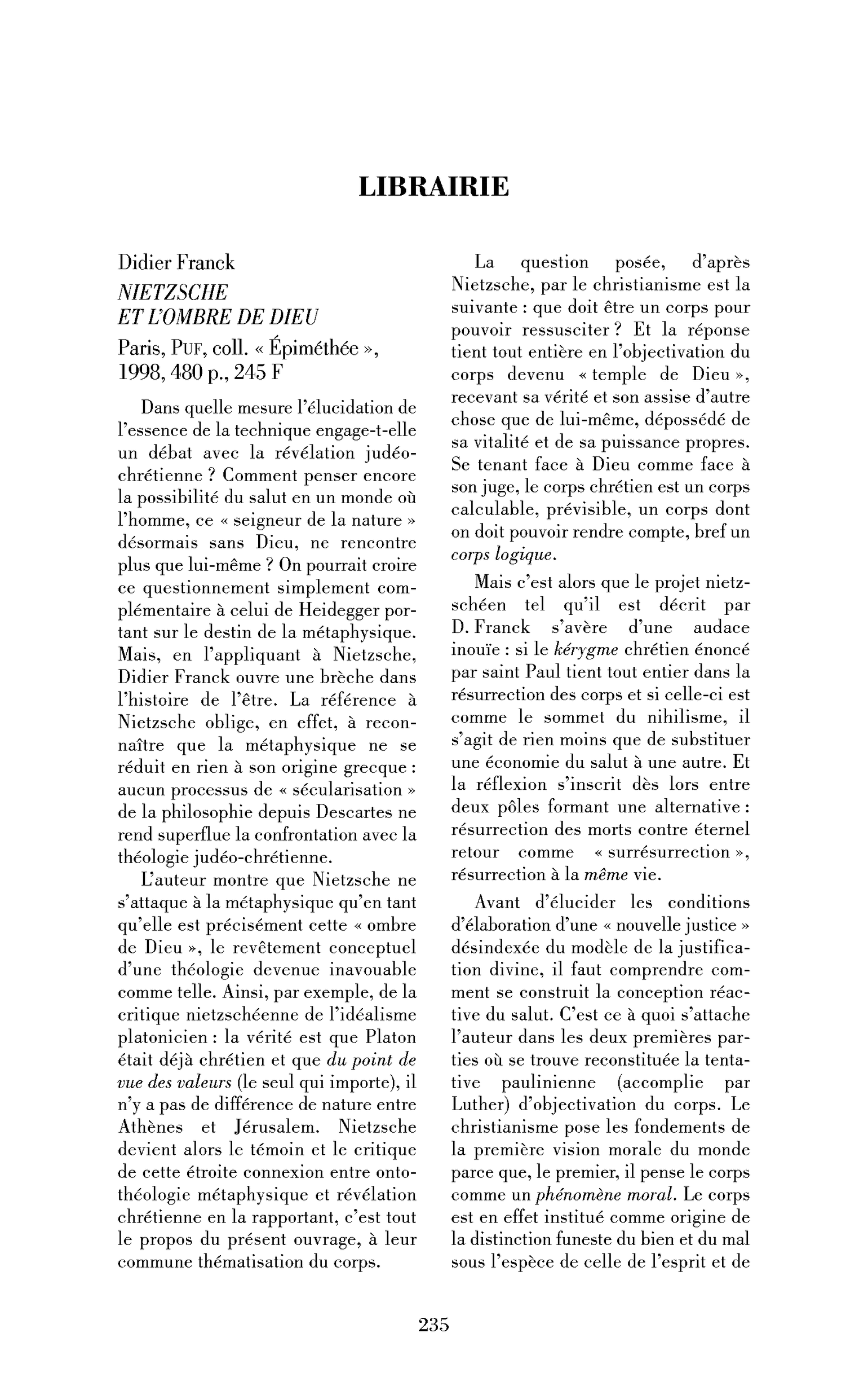 Didier Franck : Nietzsche et l’ombre de Dieu
