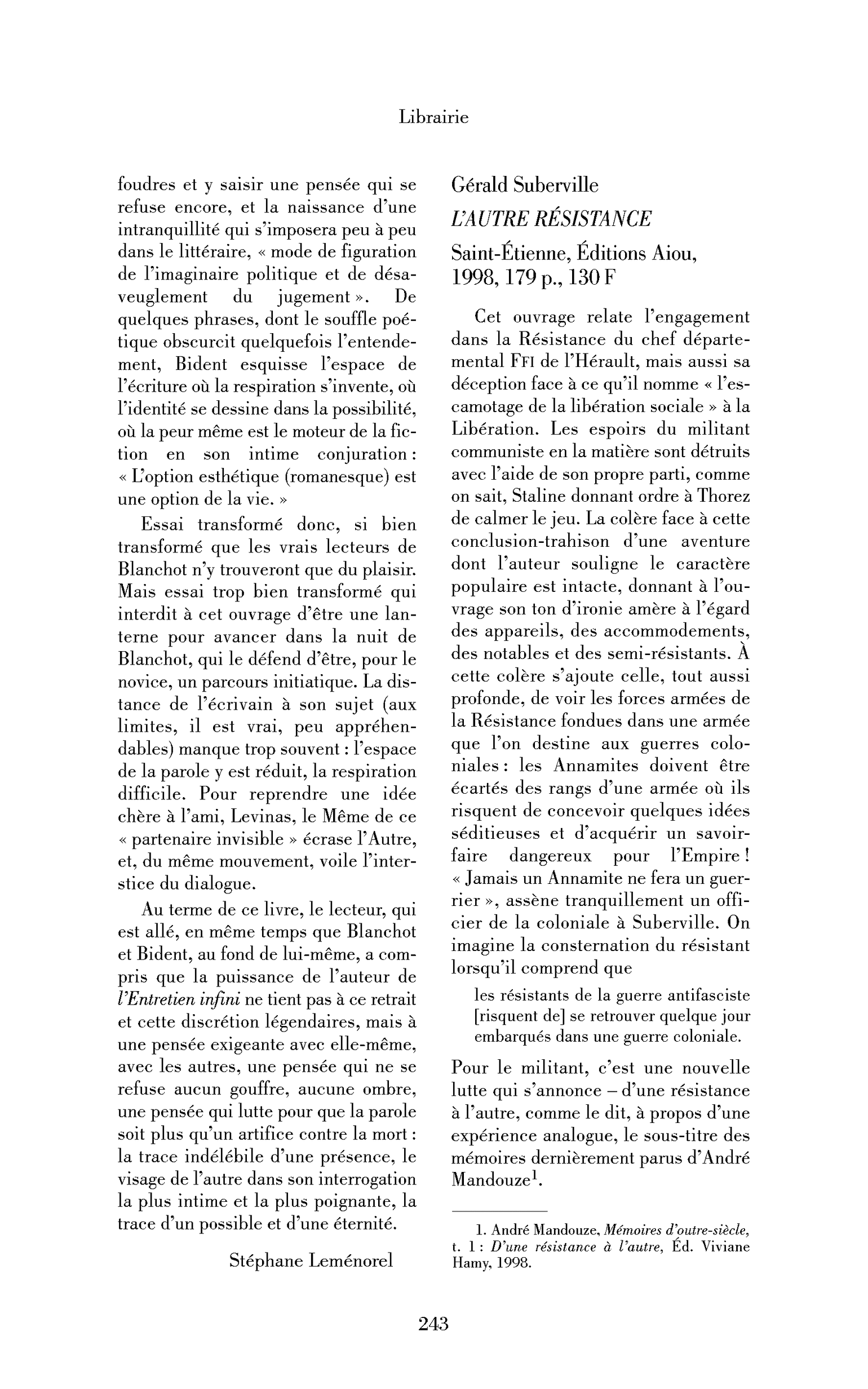Gérald Suberville : l’Autre Résistance