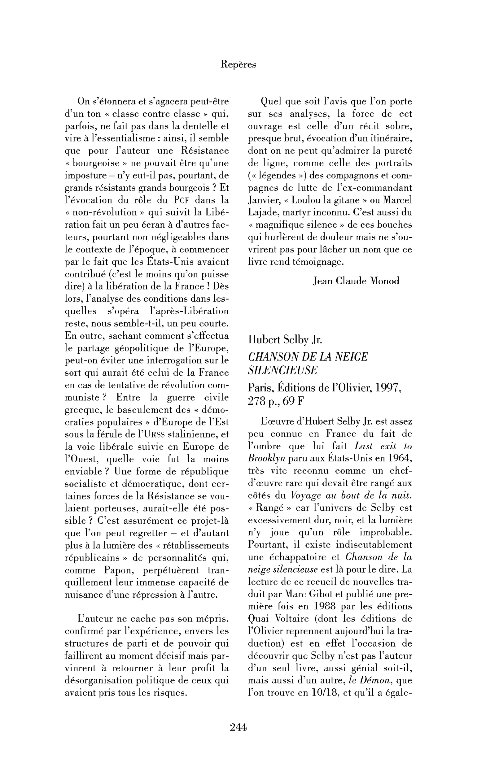 Hubert Selby Jr. : Chanson de la neige silencieuse