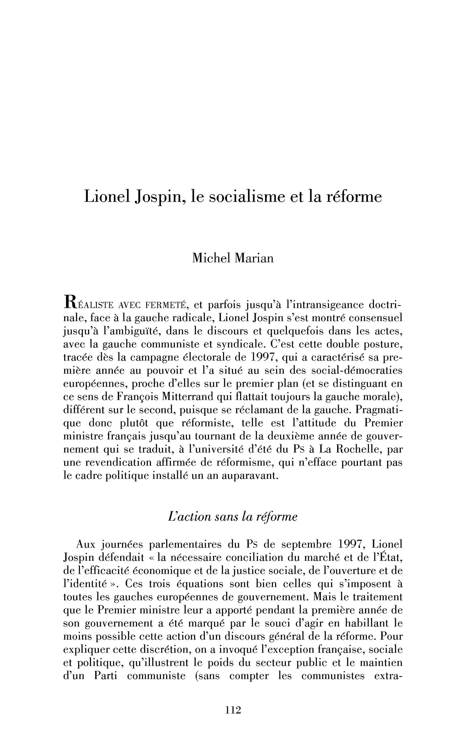 Lionel Jospin, le socialisme et la réforme
