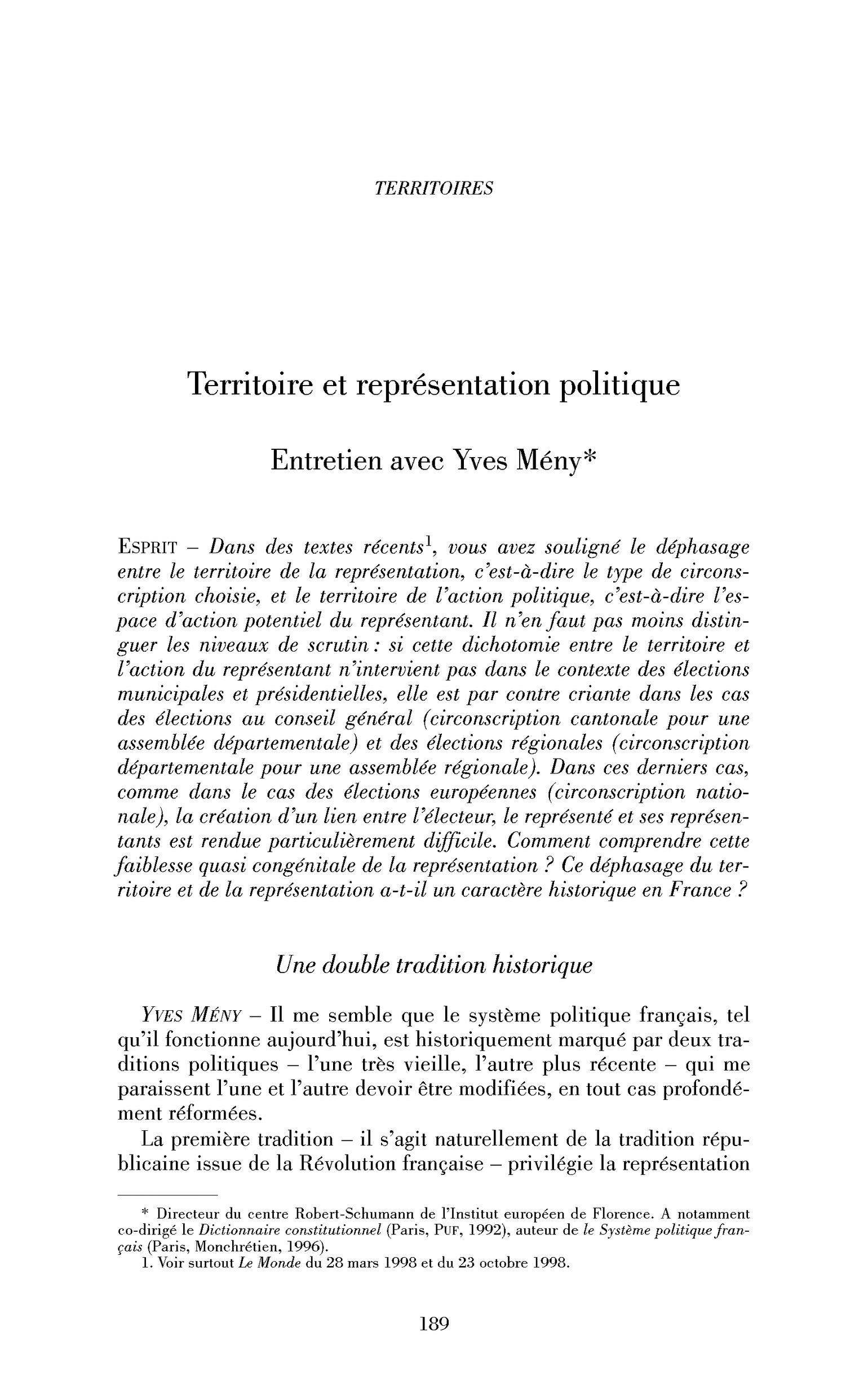 Territoire et représentation politique. (Entretien)