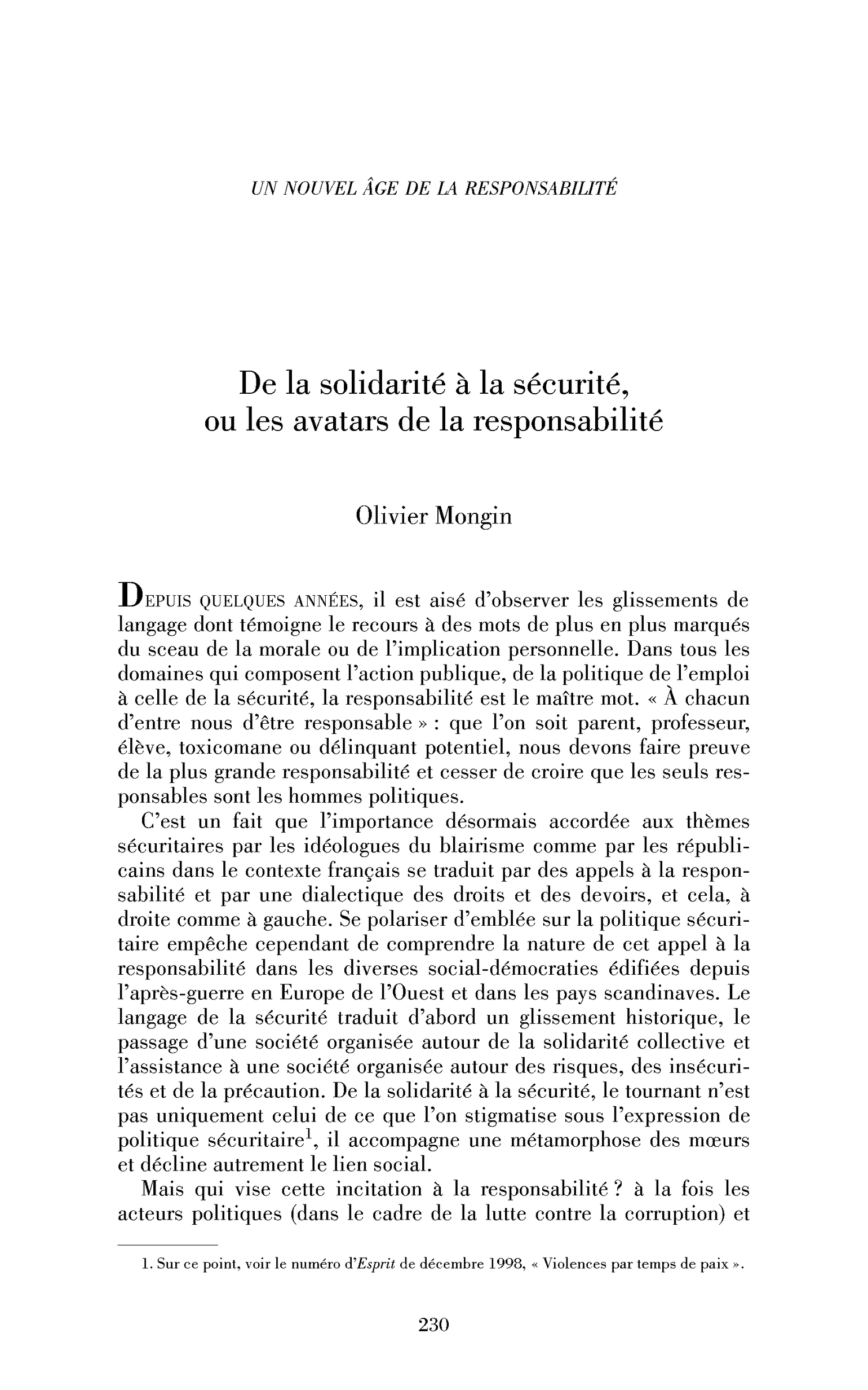 De la solidarité à la sécurité, ou les avatars de la responsabilité