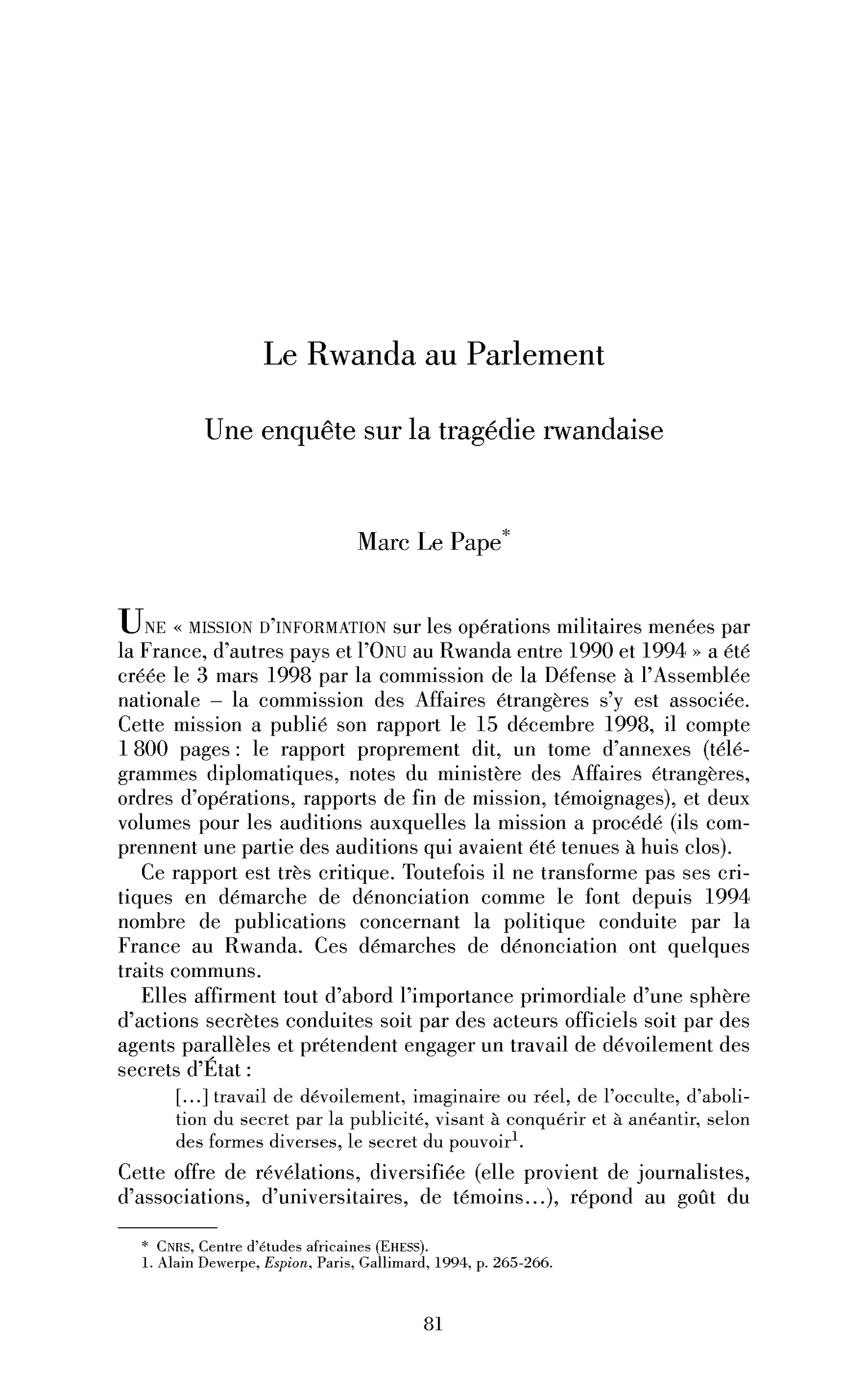 Le Rwanda au Parlement. Une enquête sur la tragédie rwandaise