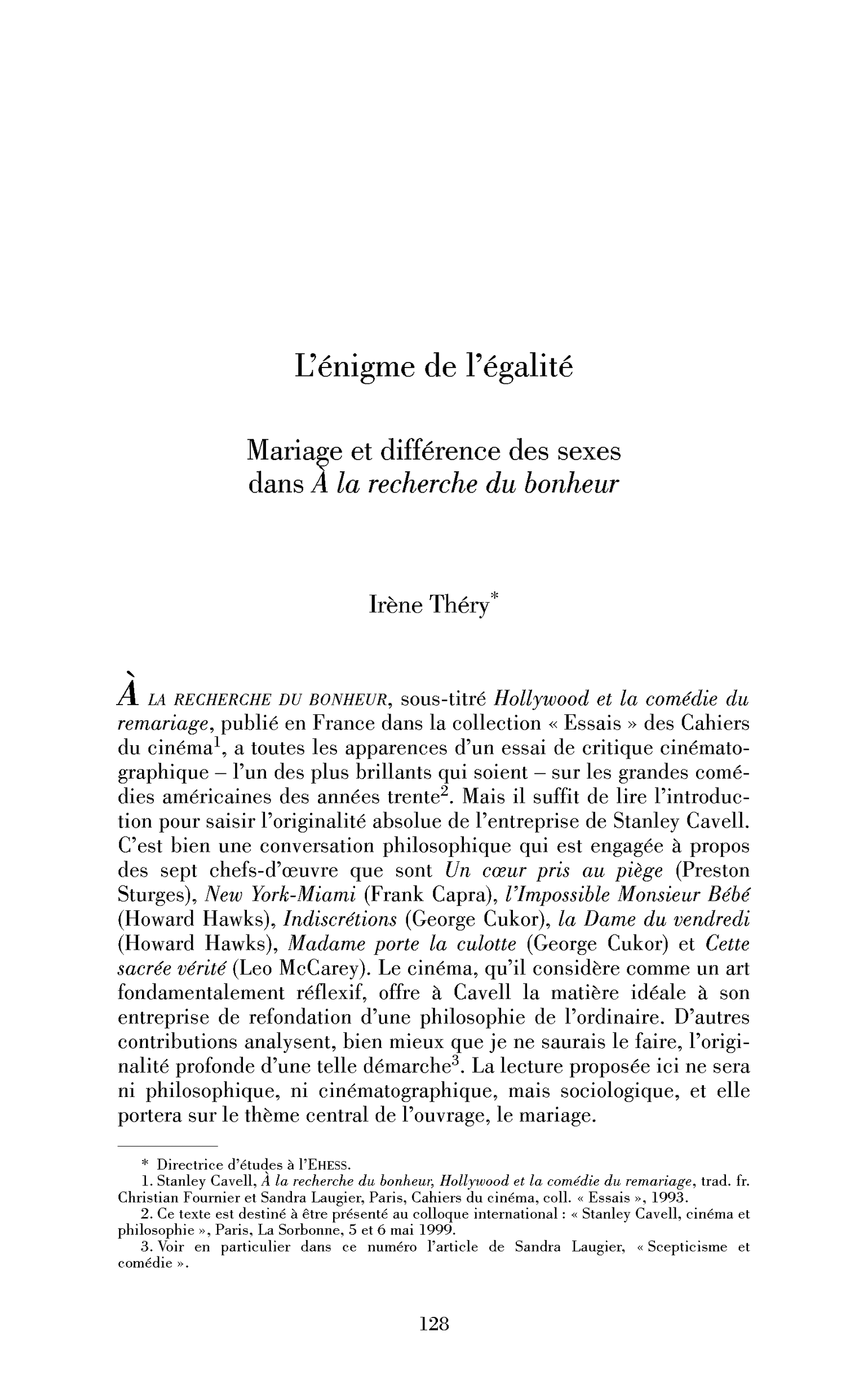 L’énigme de l’égalité. Mariage et différence des sexes dans À la recherche du bonheur de Stanley Cavell