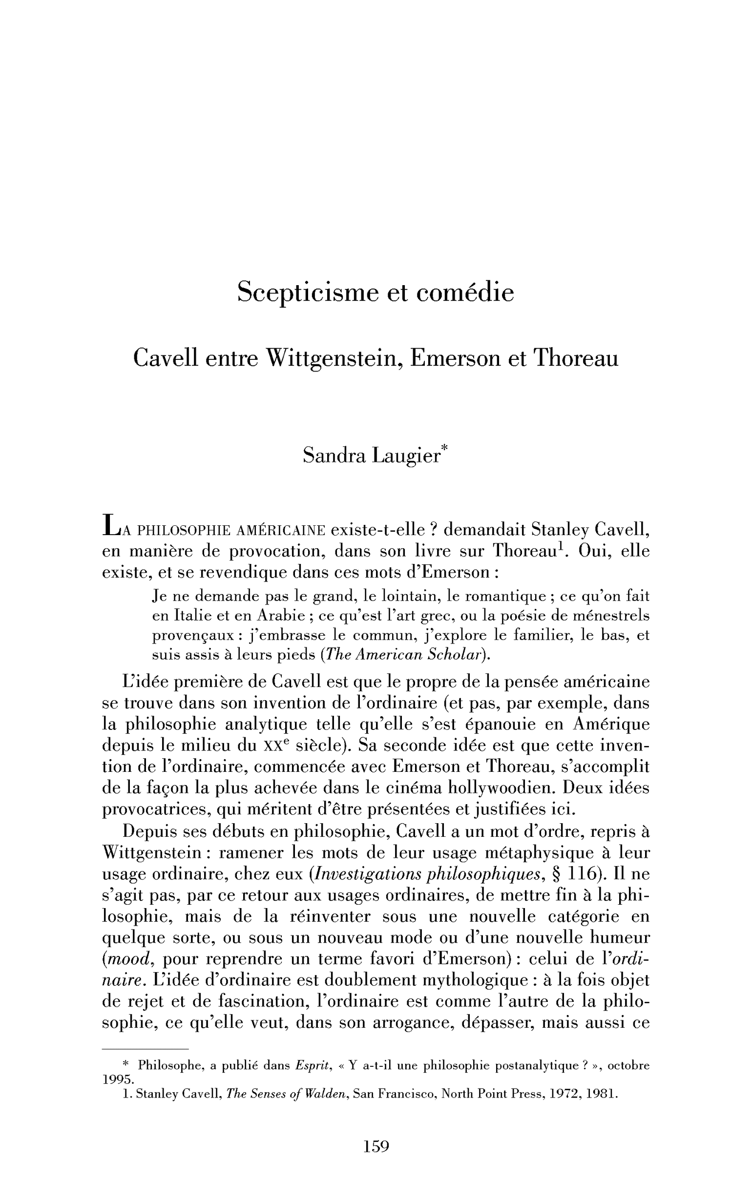 Scepticisme et comédie. Cavell entre Wittgenstein, Emerson et Thoreau