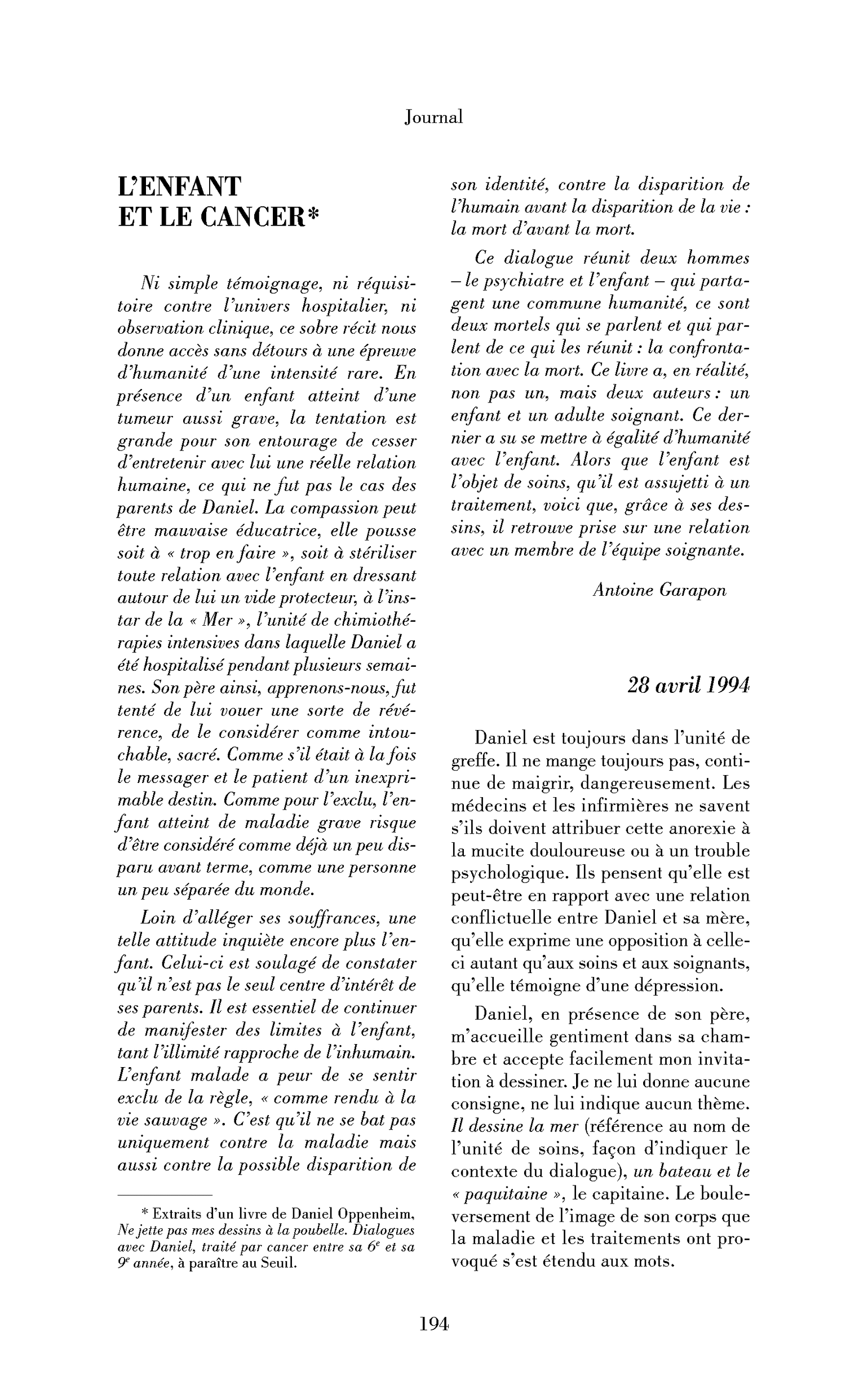 L’enfant et le cancer