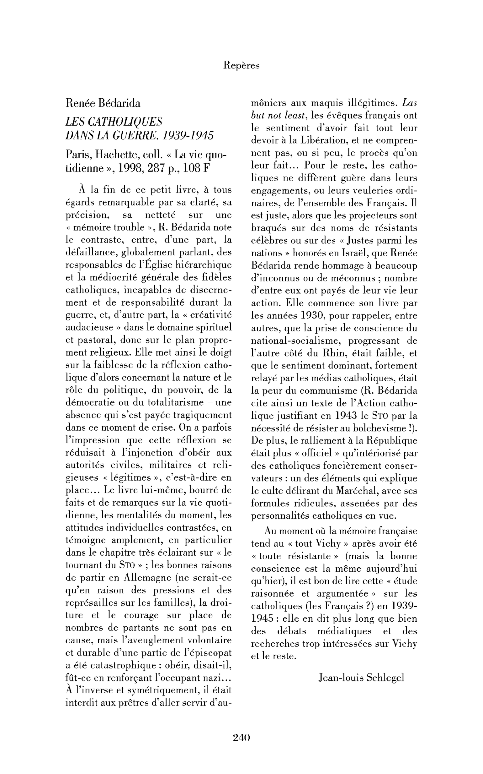Renée Bédarida : les Catholiques dans la guerre. 1939-1945