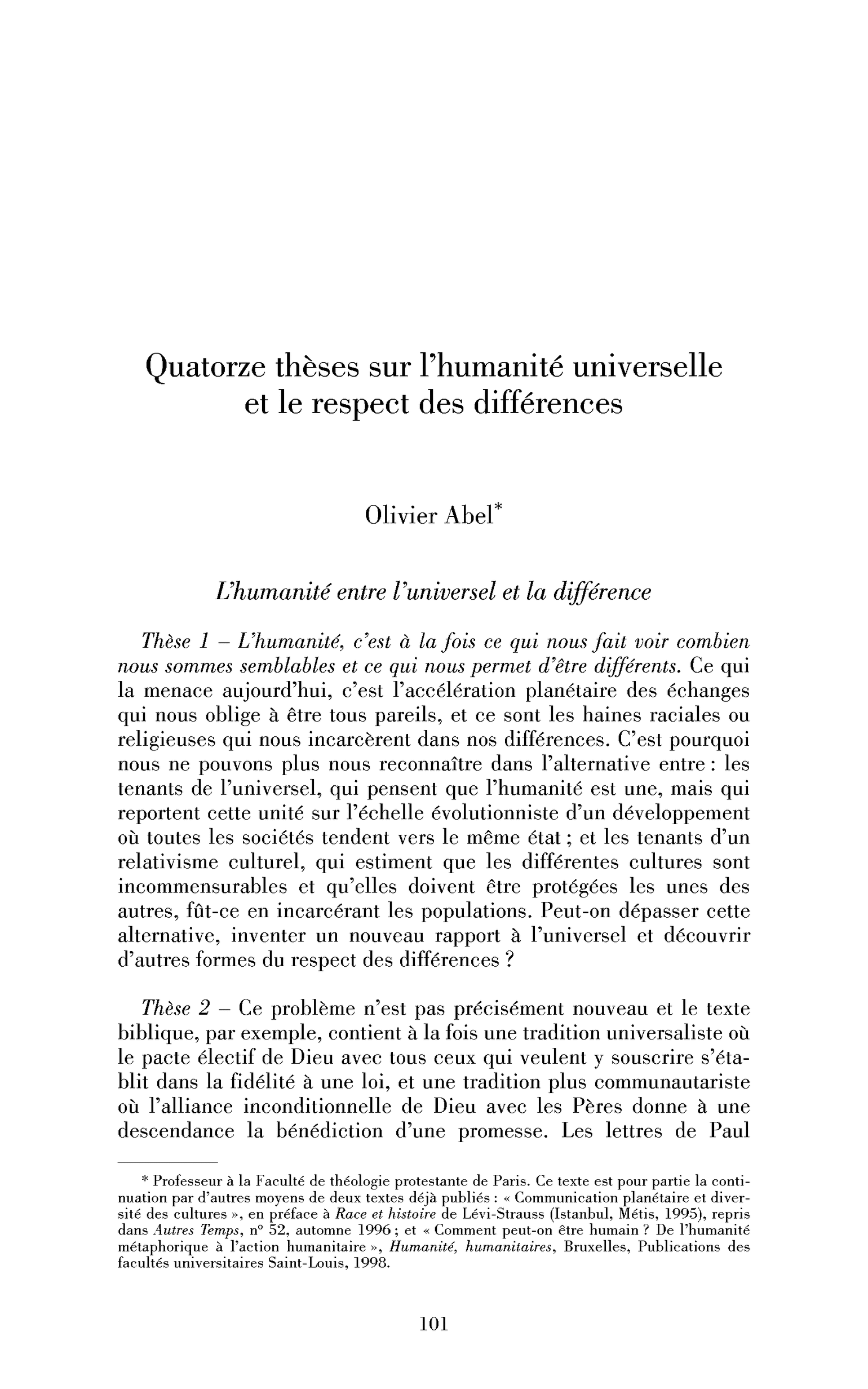 Quatorze thèses sur l’humanité universelle et le respect des différences