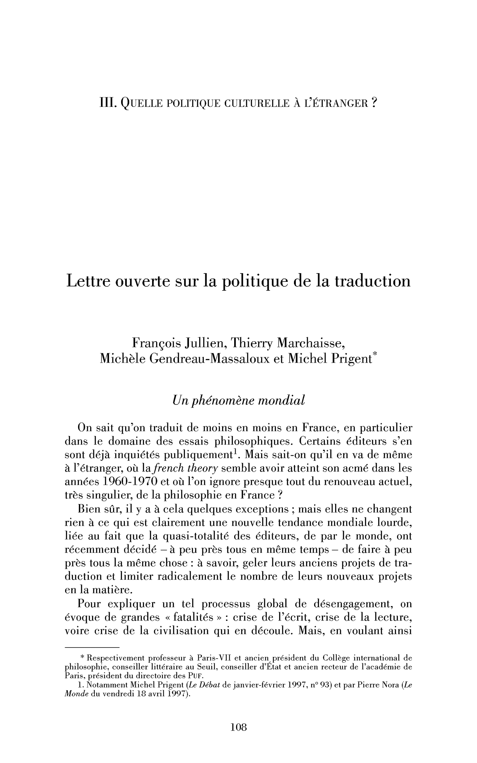 Lettre ouverte sur la politique de la traduction