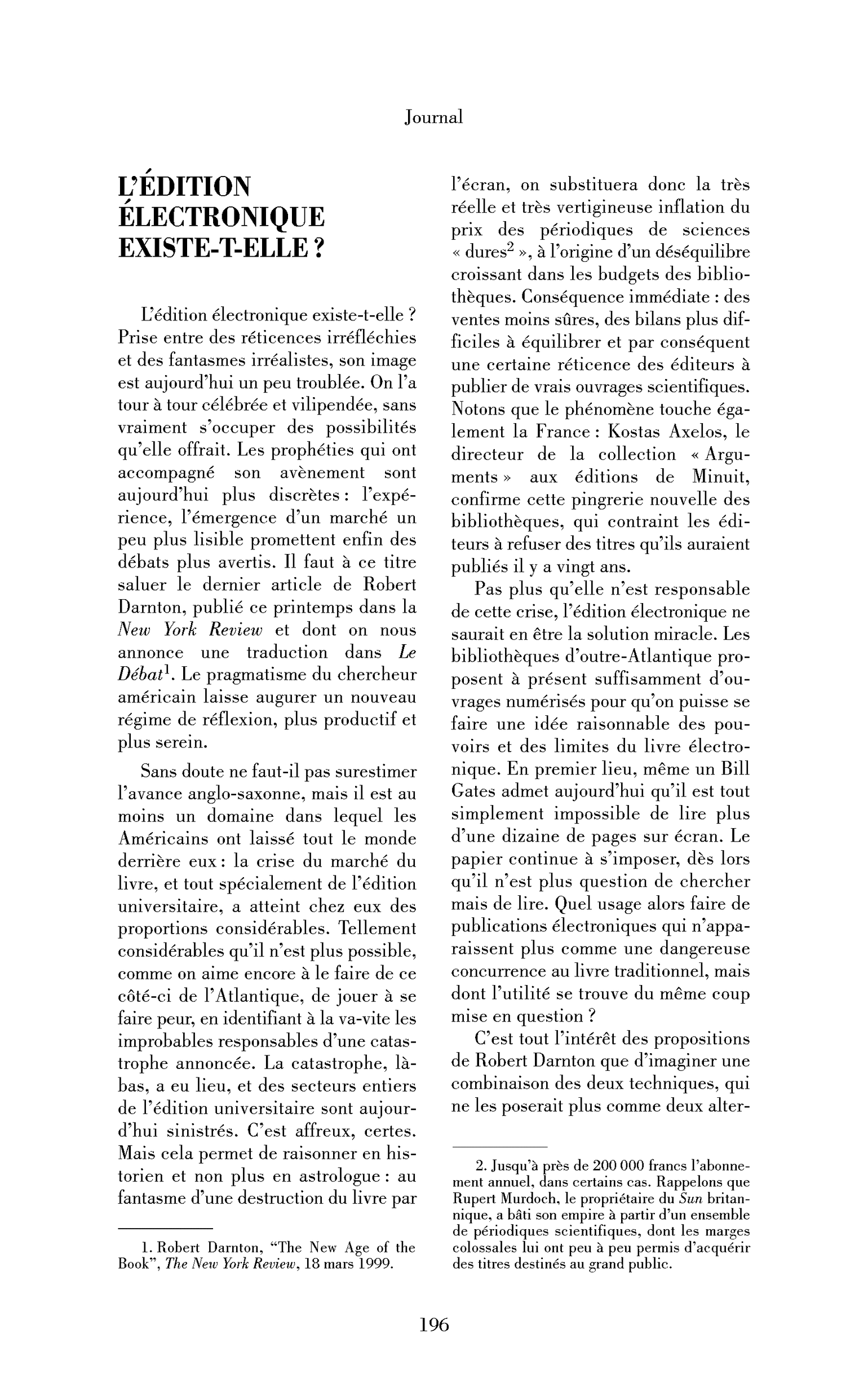 L’édition électronique existe-t-elle? À propos d’un article de Robert Darnton