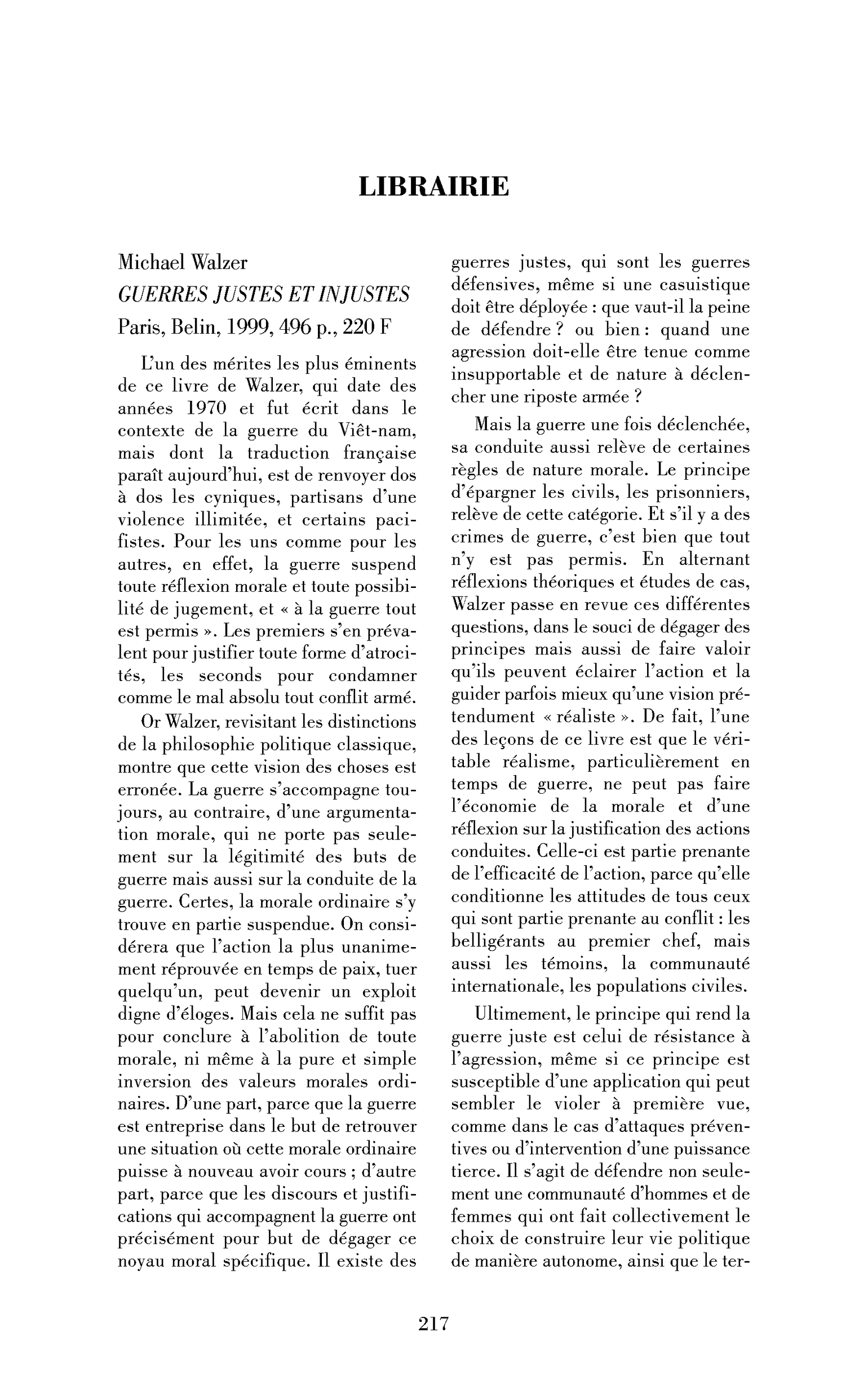 Michael Walzer : Guerres justes et injustes
