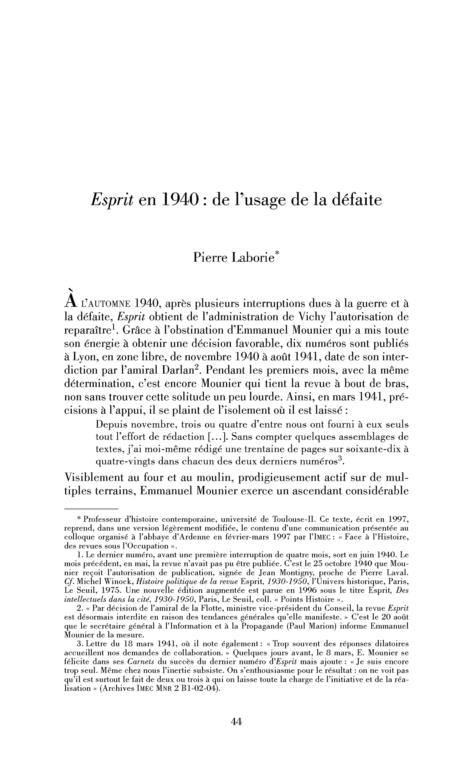 Esprit en 1940 : de l’usage de la défaite