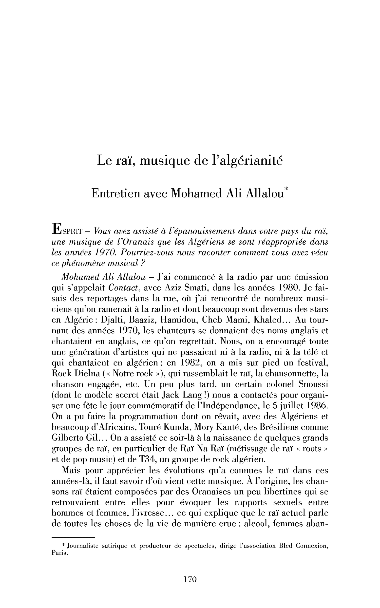 Le raï, musique de l’algérianité. (Entretien)