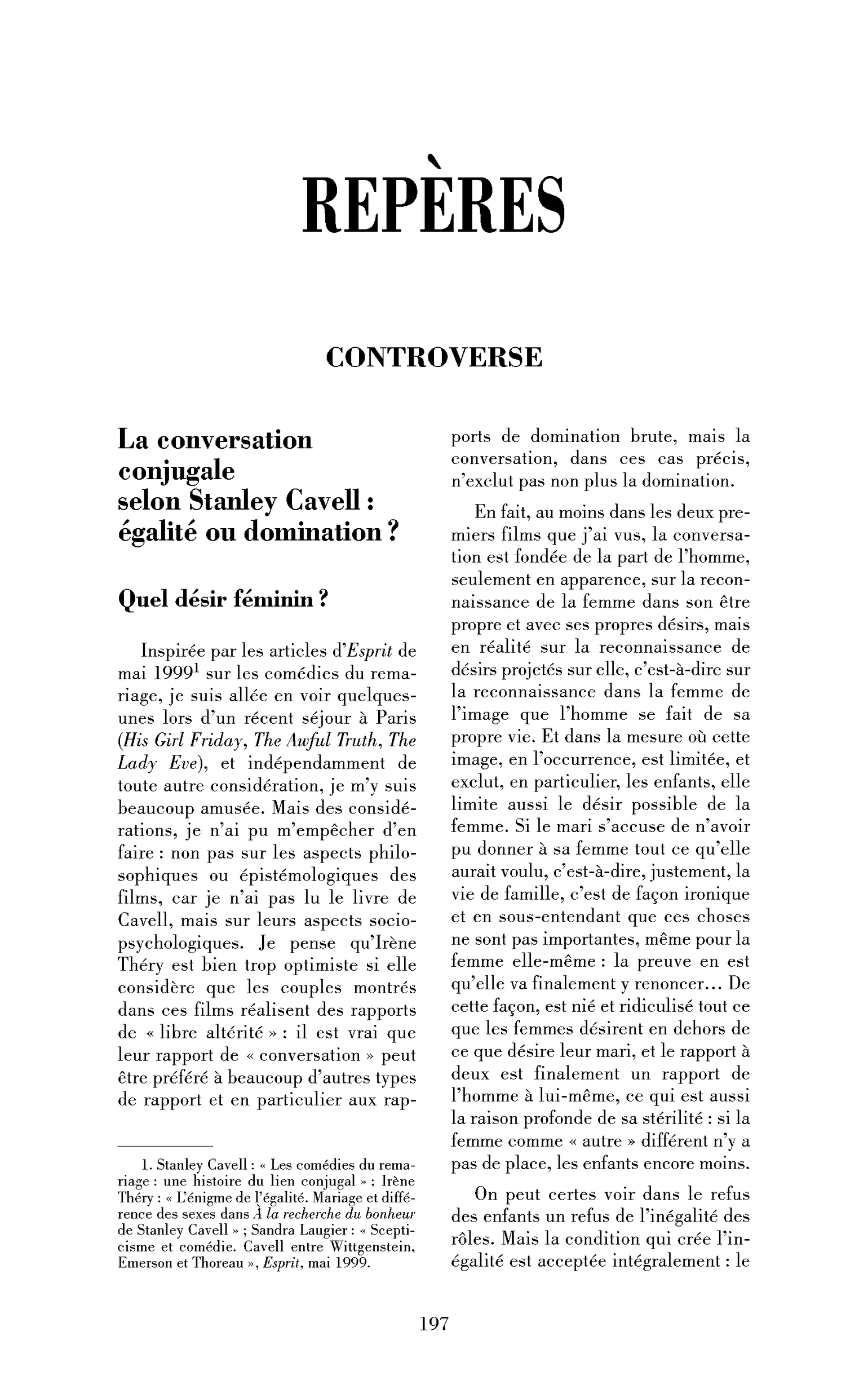 La conversation conjugale selon Stanley Cavell : égalité ou domination?