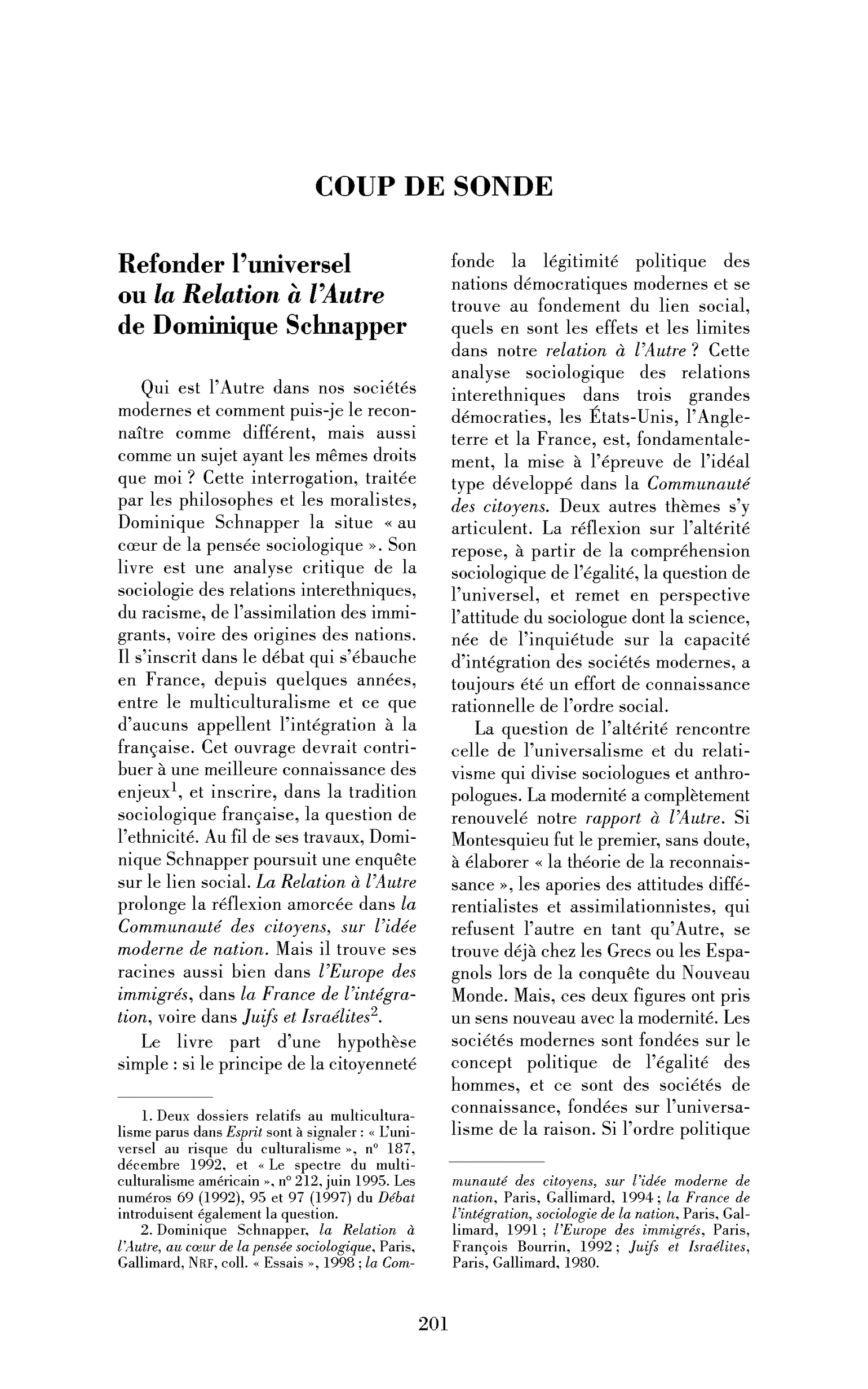 Refonder l’universel : la Relation à l’autre de Dominique Schnapper