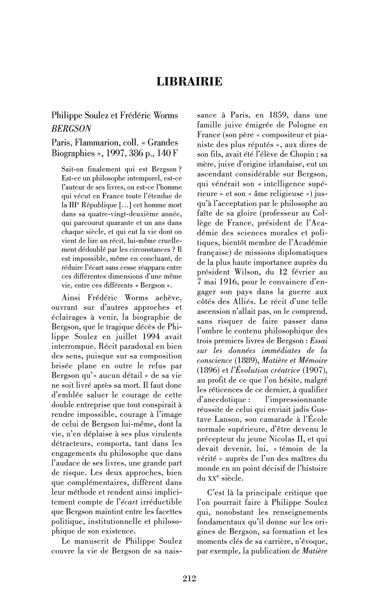 Philippe Soulez et Frédéric Worms : Bergson