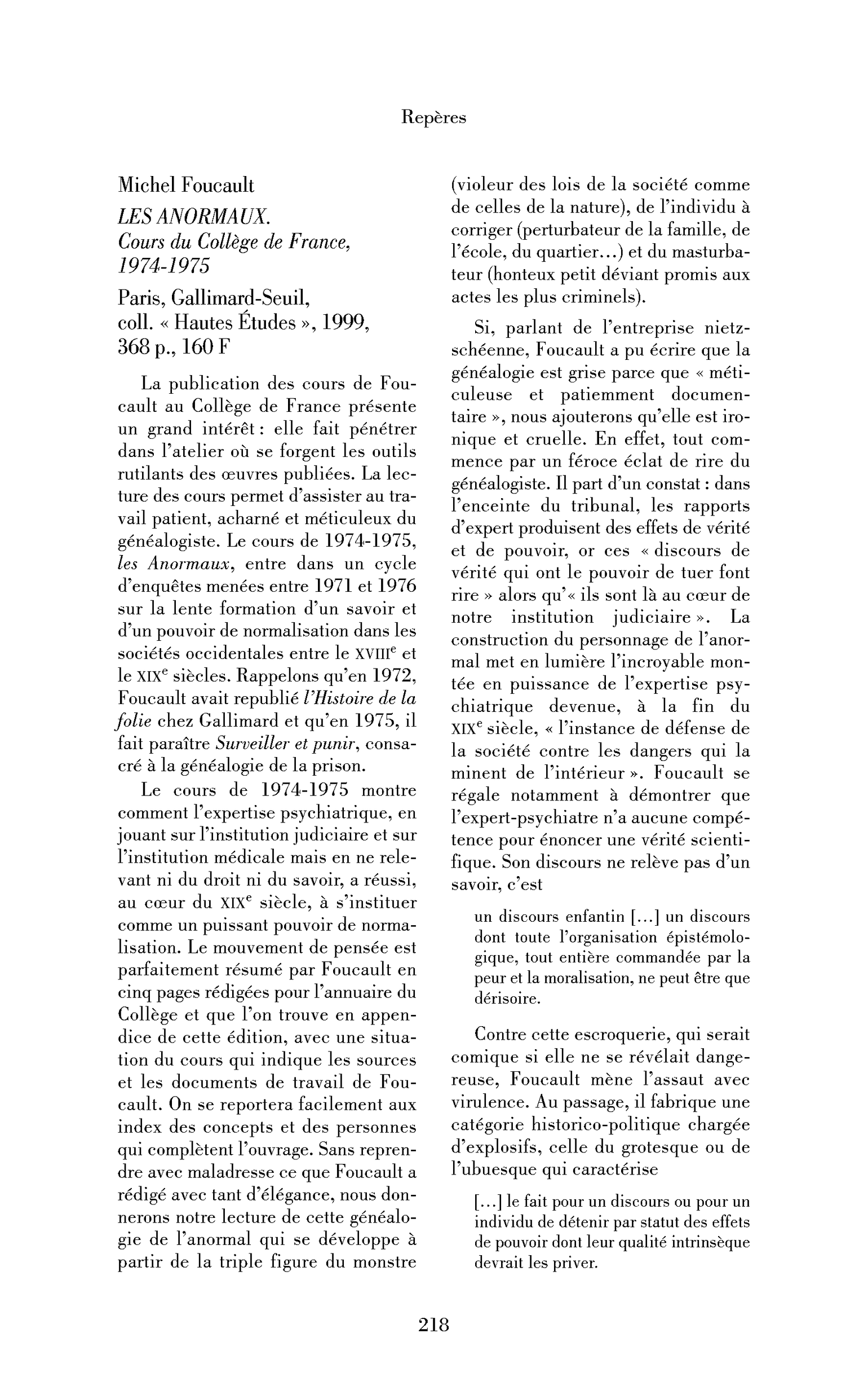 Michel Foucault : les Anormaux. Cours du Collège de France, 1974-1975
