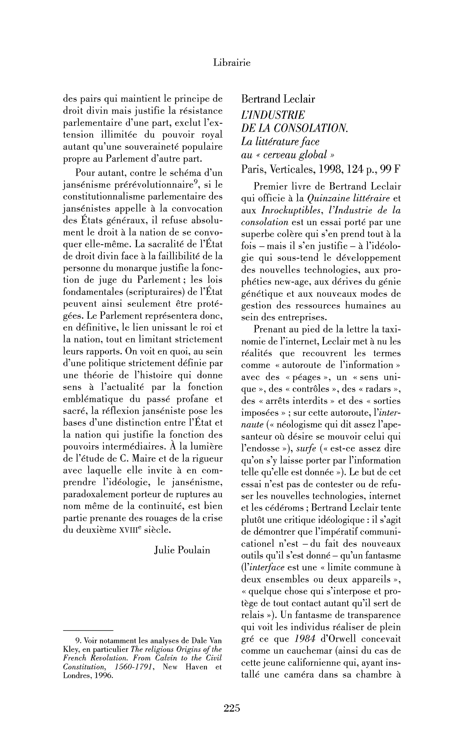 « Bertrand Leclair : l’Industrie de la consolation. La littérature face au »« cerveau global« « « 