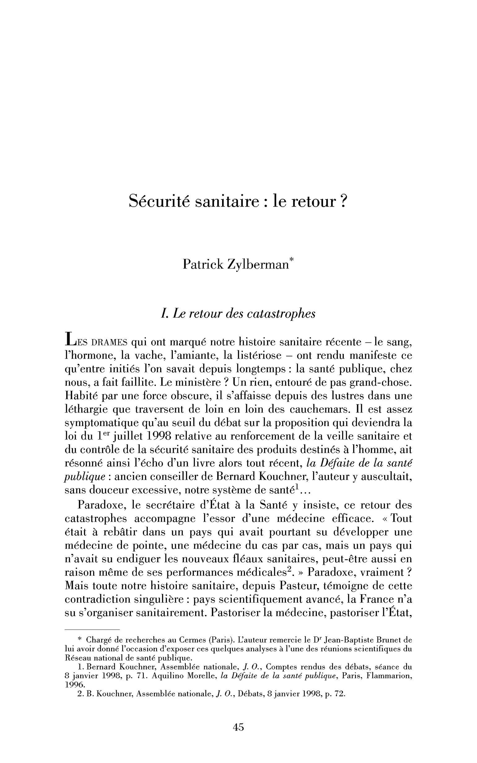 Sécurité sanitaire : le retour?