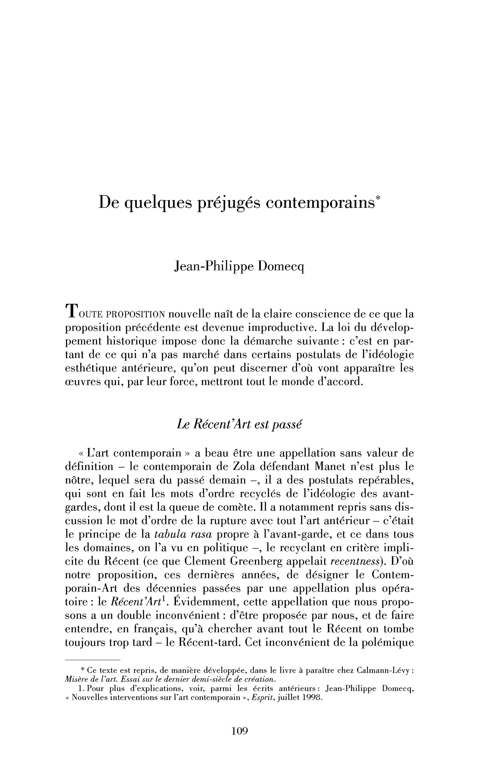 De quelques préjugés contemporains