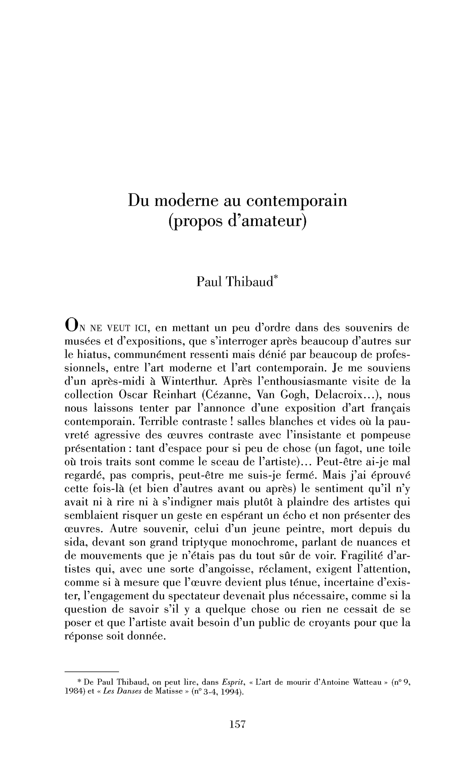 Du moderne au contemporain (propos d’amateur)