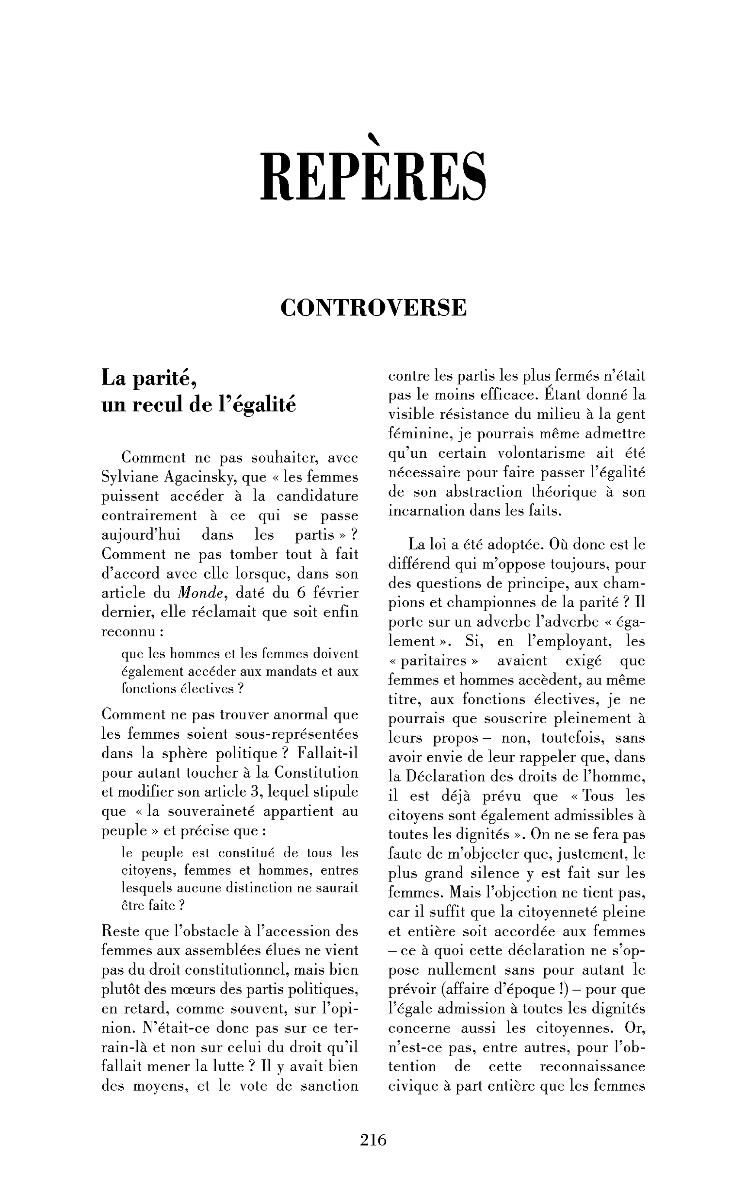 La parité, un recul de l’égalité