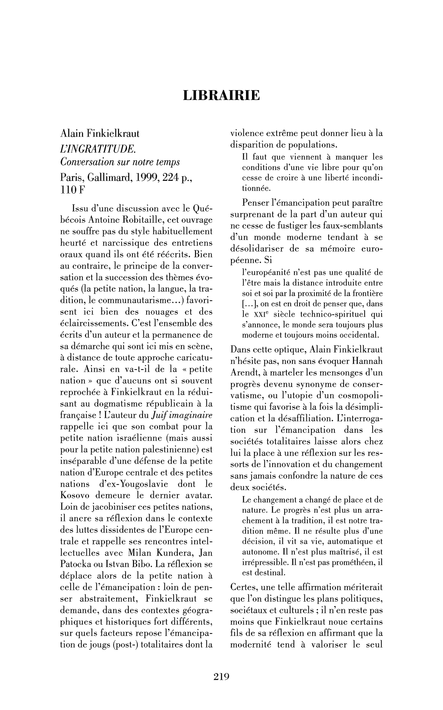Alain Finkielkraut : l’Ingratitude