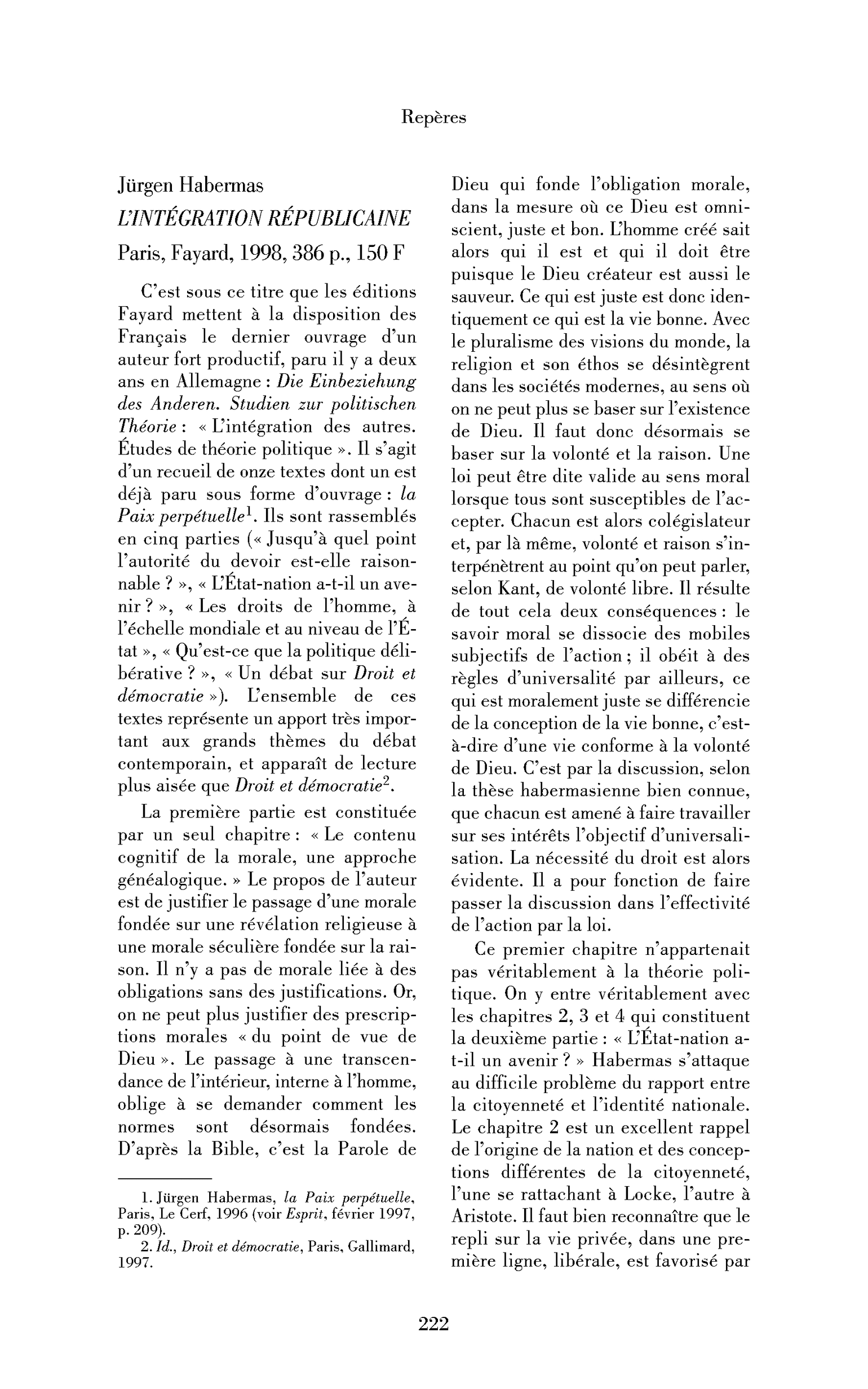 Jürgen Habermas : l’Intégration républicaine