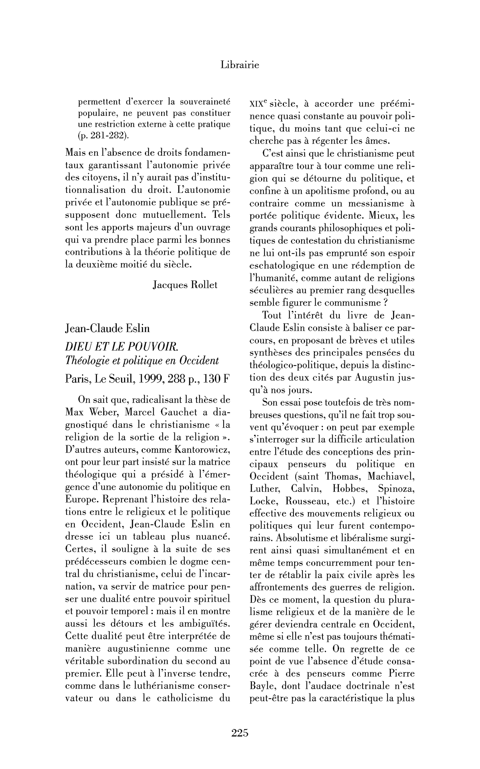 Jean-Claude Eslin : Dieu et le pouvoir. Théologie et politique en Occident