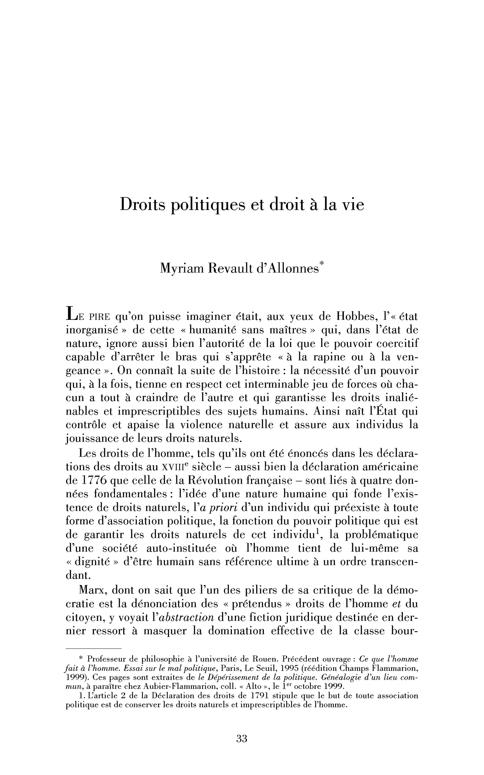 Droits politiques et droit à la vie