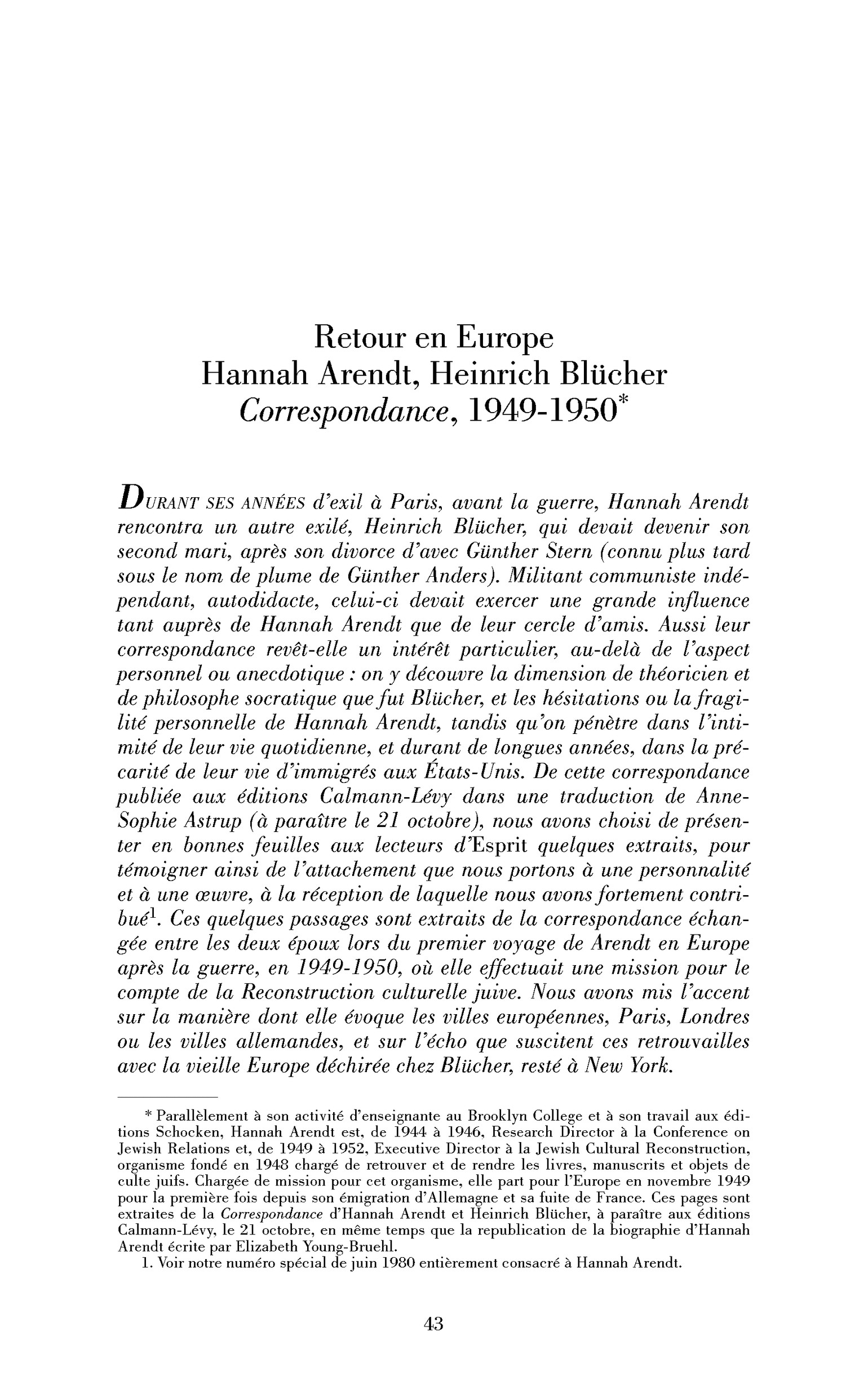 Retour en Europe. Correspondance 1949-1950