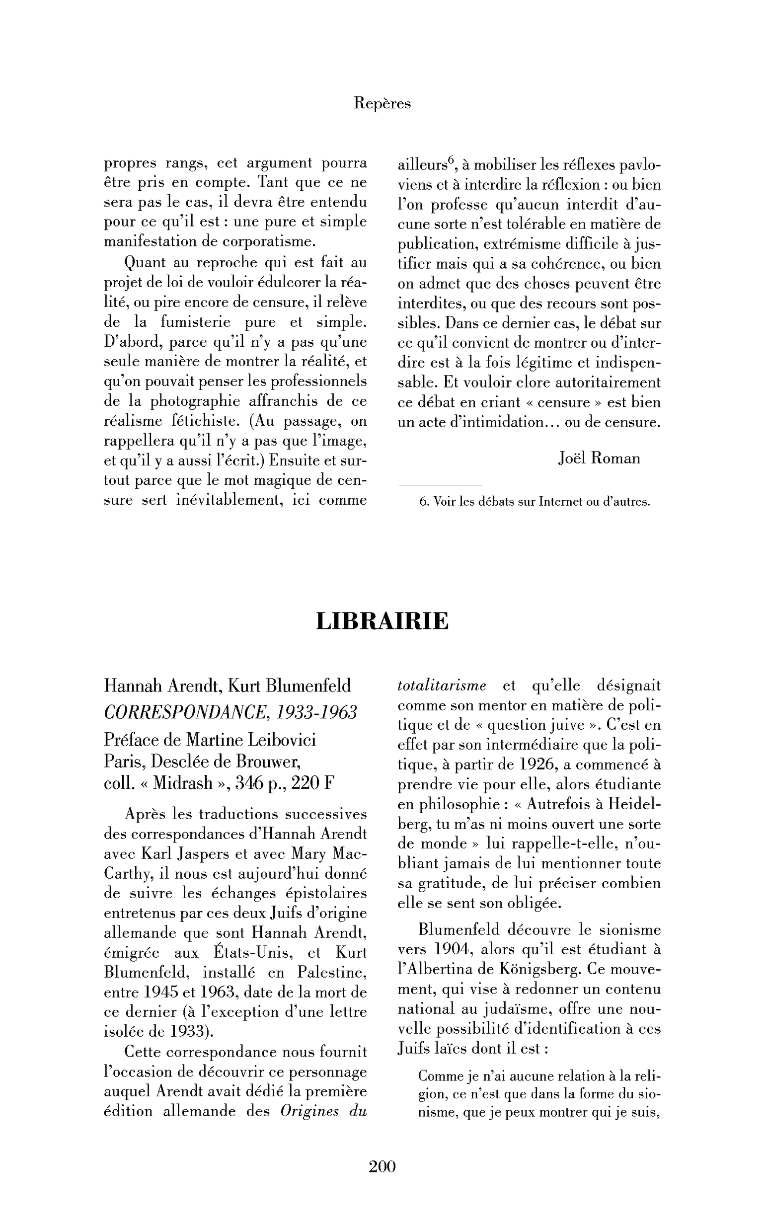 Hannah Arendt, Kurt Blumenfeld : Correspondance, 1933-1963