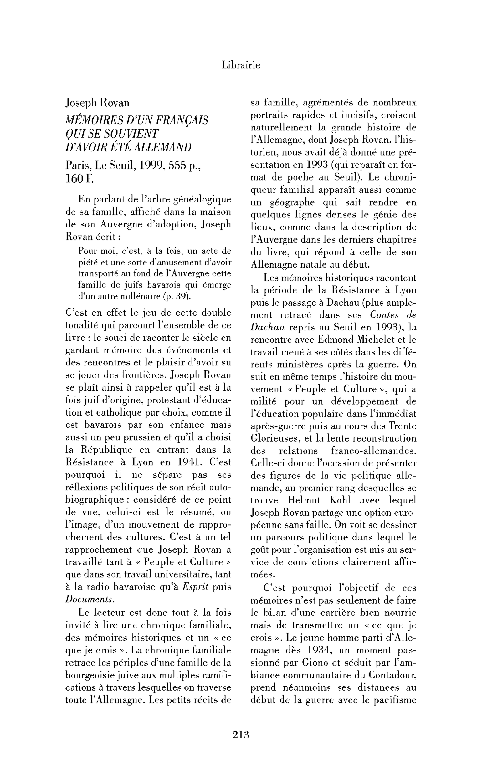 Joseph Rovan : Mémoires d’un Français qui se souvient d’avoir été allemand