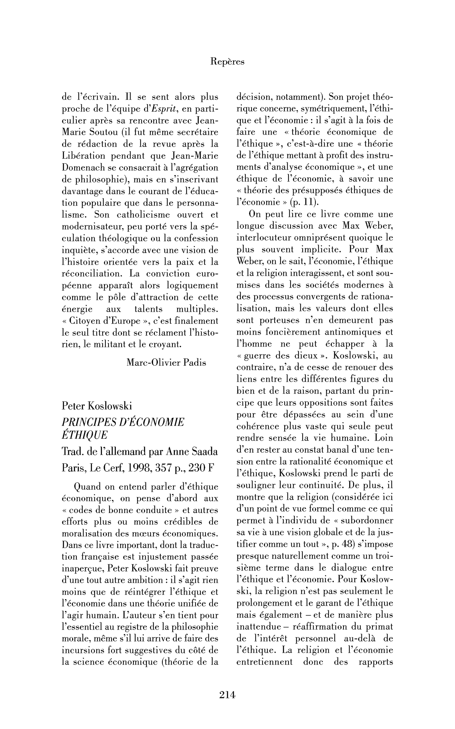 Peter Koslowski : Principes d’économie éthique