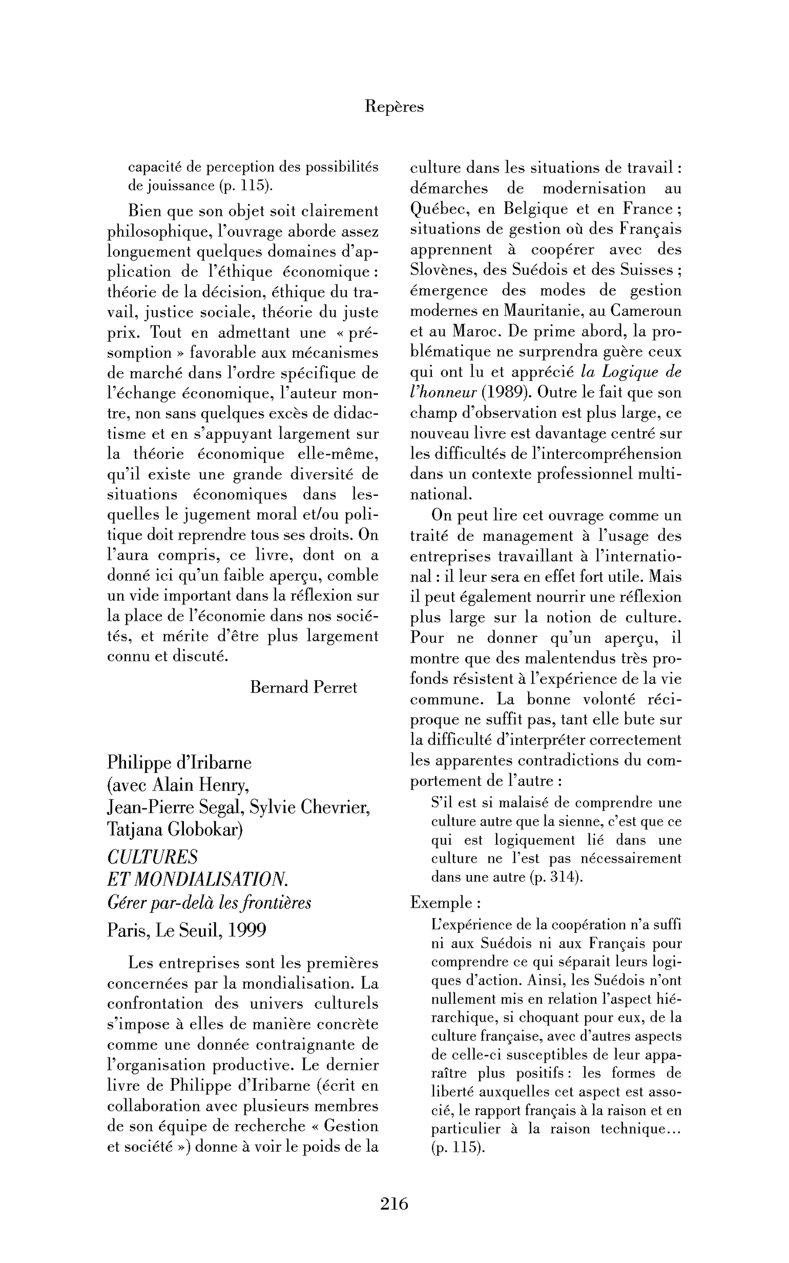 Philippe d’Iribarne (avec Alain Henry, Jean-Pierre Segal, Sylvie Chevrier, Tatjana Globokar) : Cultures et mondialisation. Gérer par-delà les frontières
