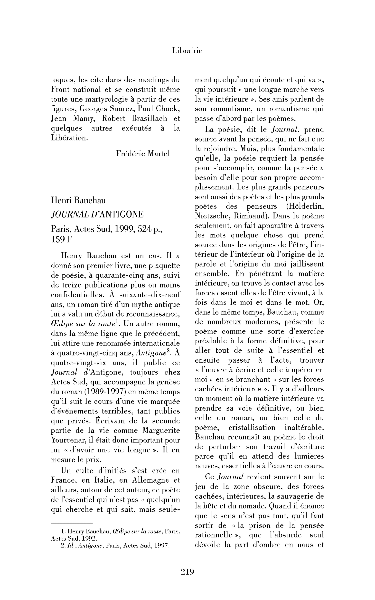 Henri Bauchau : Journal d’Antigone