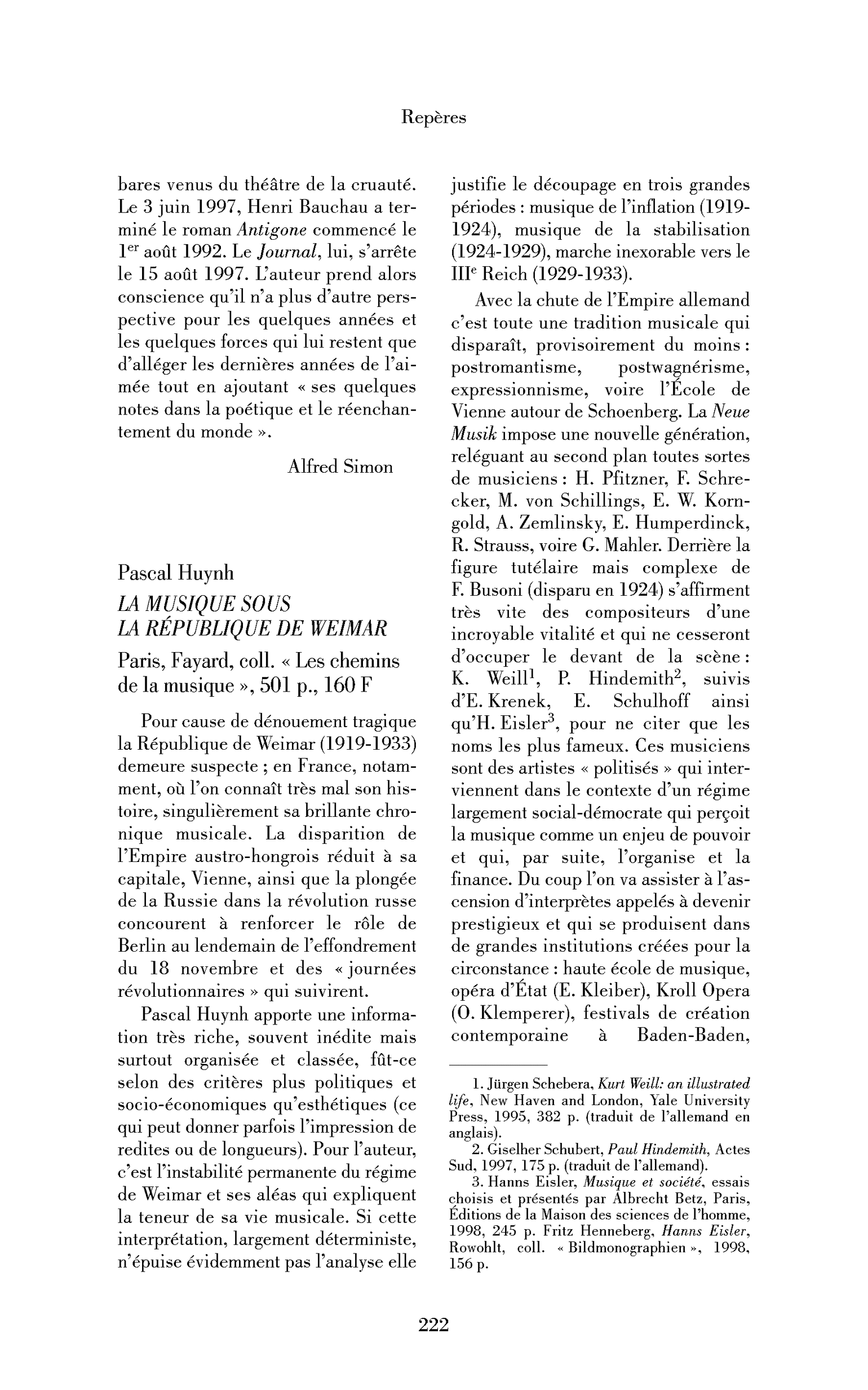 Pascal Huynh : la Musique sous la République de Weimar