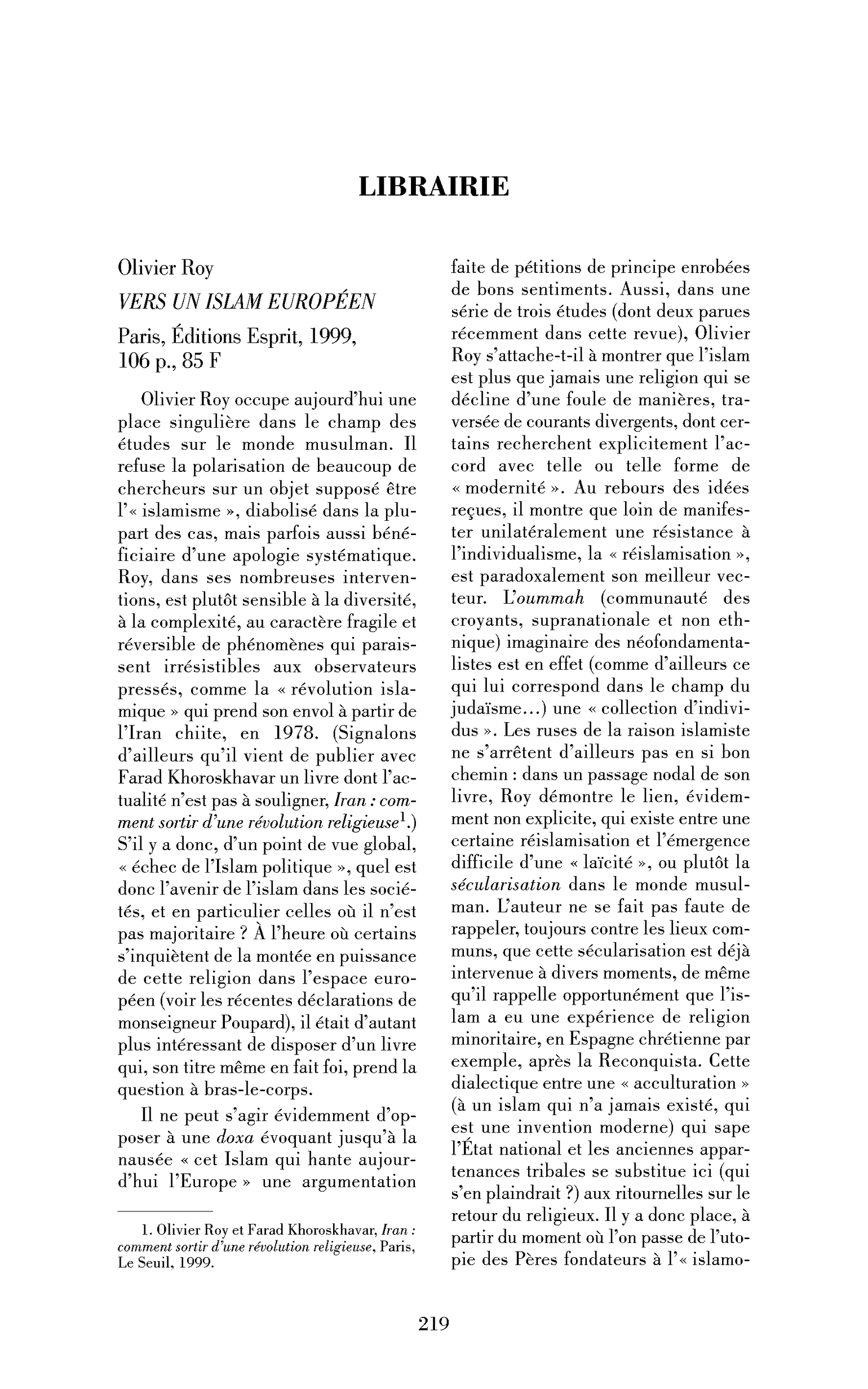Olivier Roy : Vers un islam européen