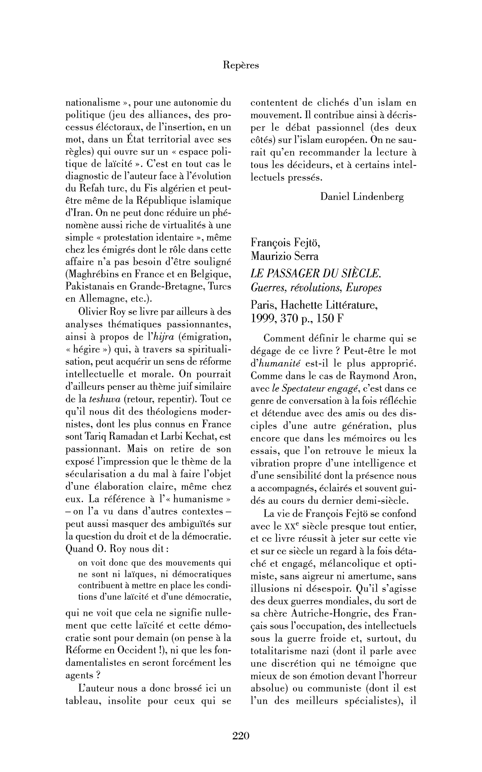 François Fejtö, Maurizio Serra : le Passager du siècle. Guerres, révolutions, Europes
