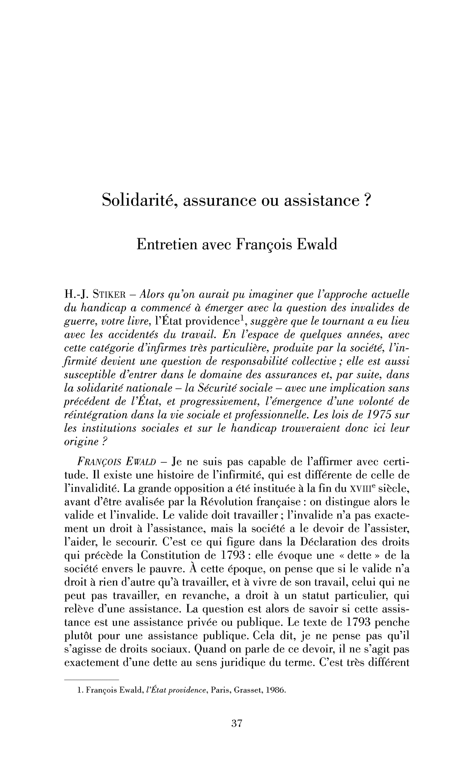 Solidarité, assurance ou assistance? (Entretien)