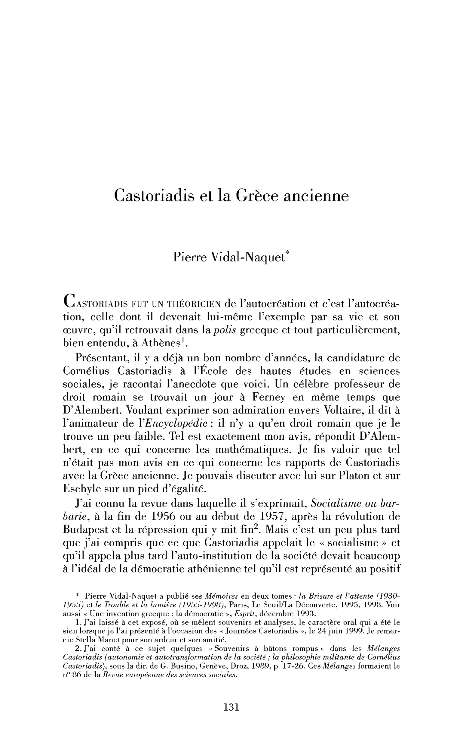 Castoriadis et la Grèce ancienne
