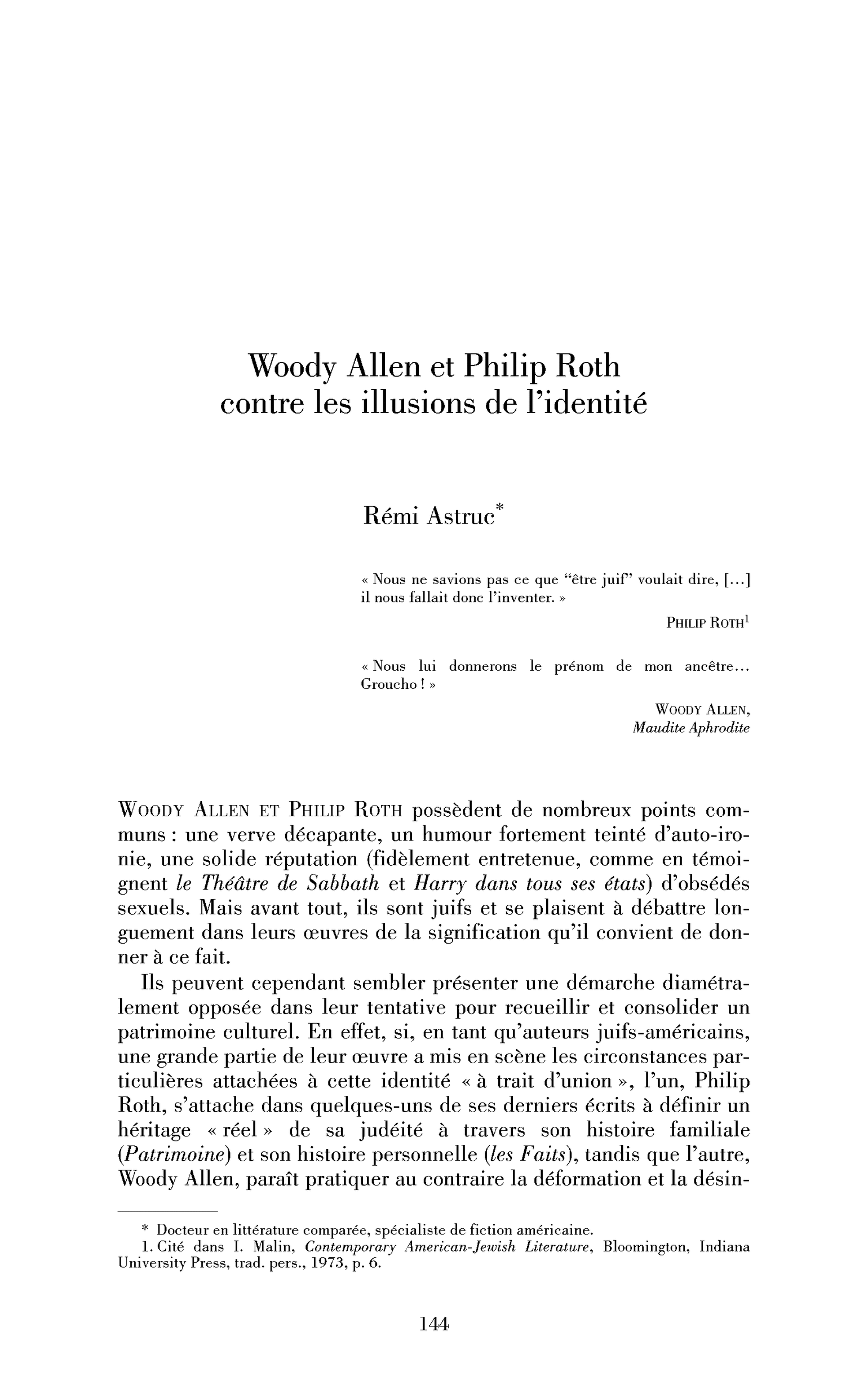 Woddy Allen et Philip Roth contre les illusions de l’identité