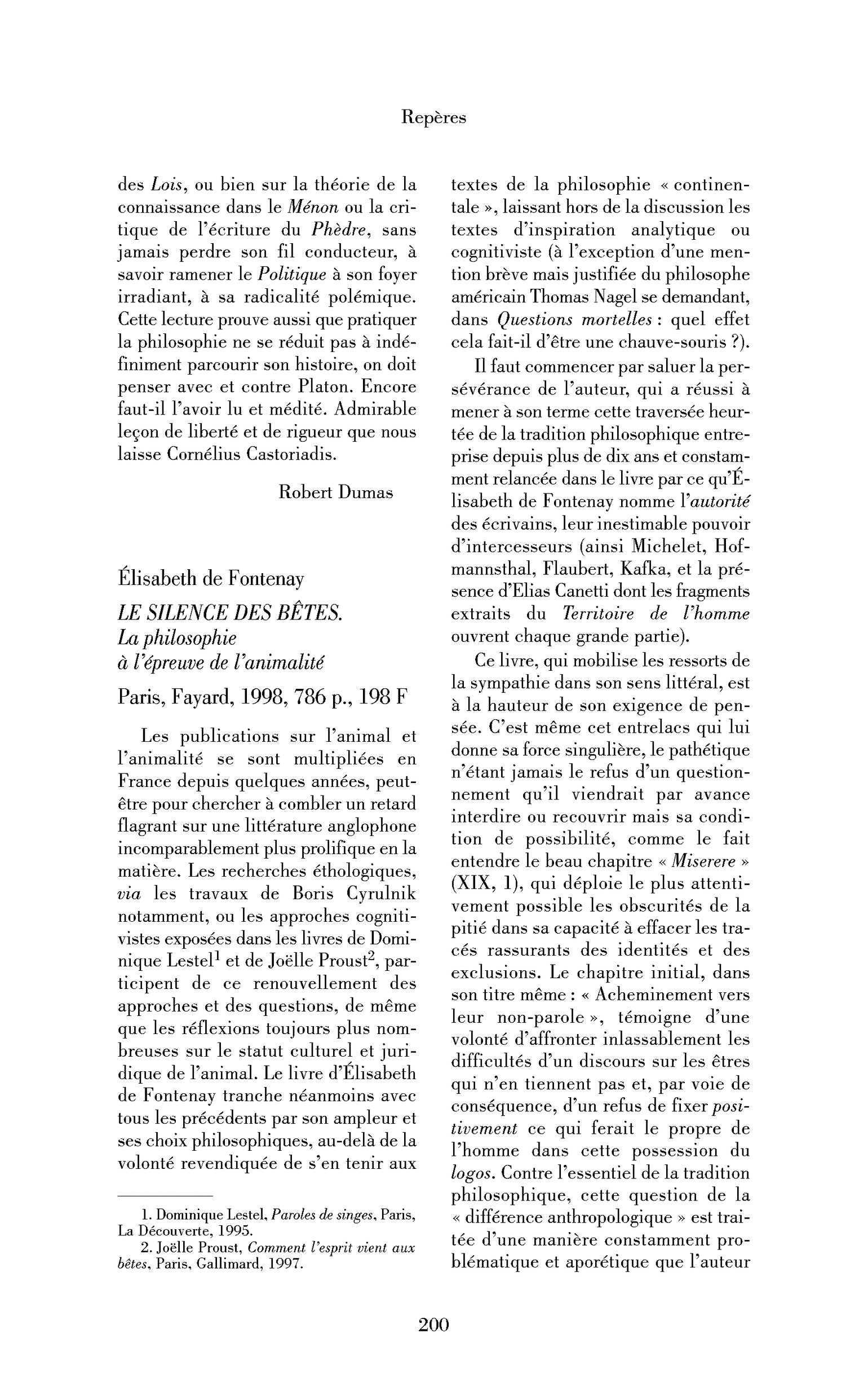 Élisabeth de Fontenay : le Silence des bêtes. La philosophie à l’épreuve de l’animalité