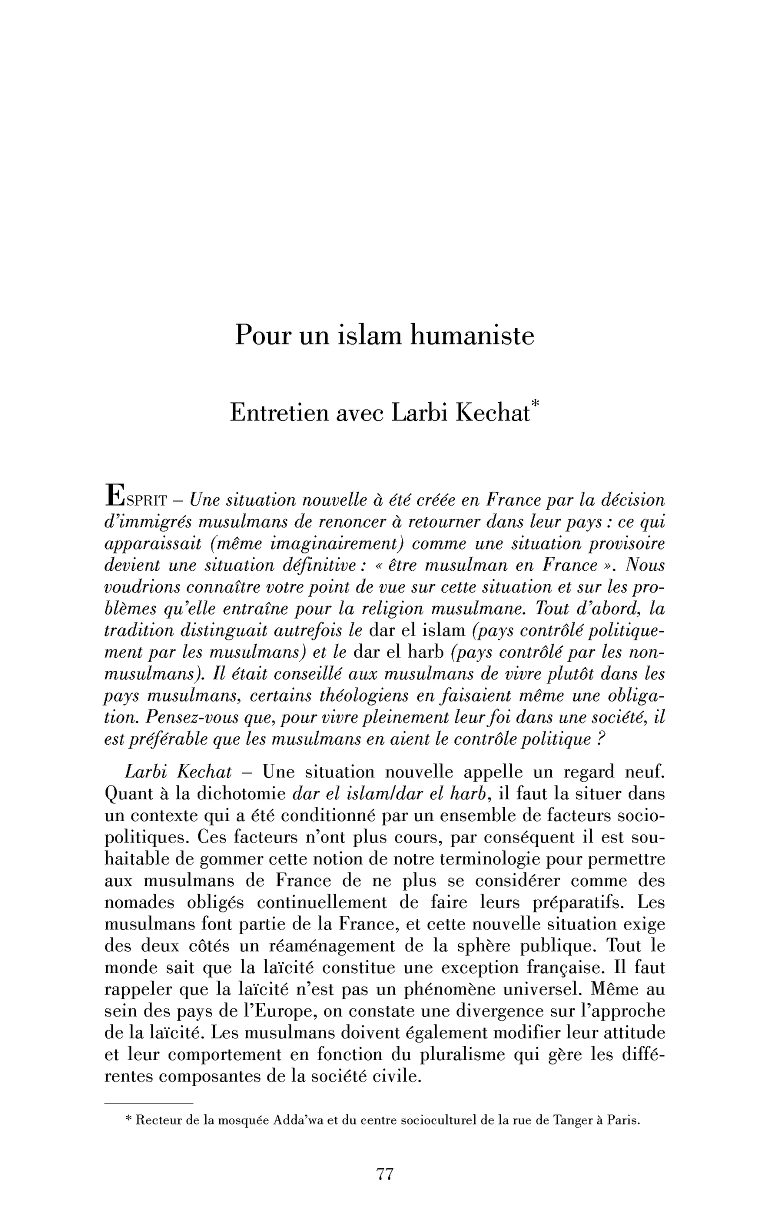 Pour un islam humaniste. (Entretien)