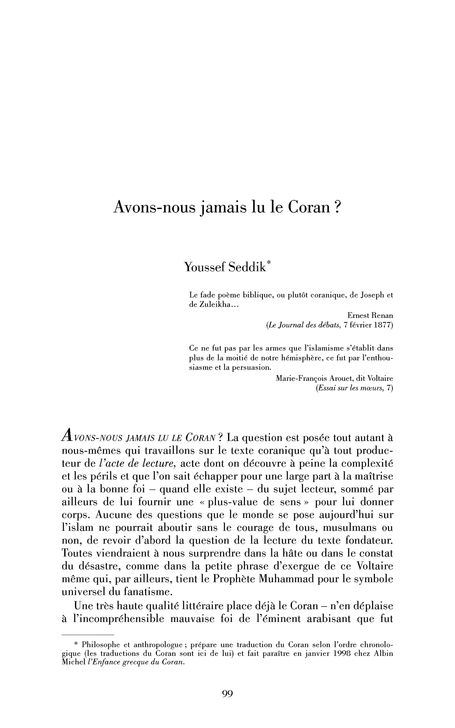 Avons-nous jamais lu le Coran?