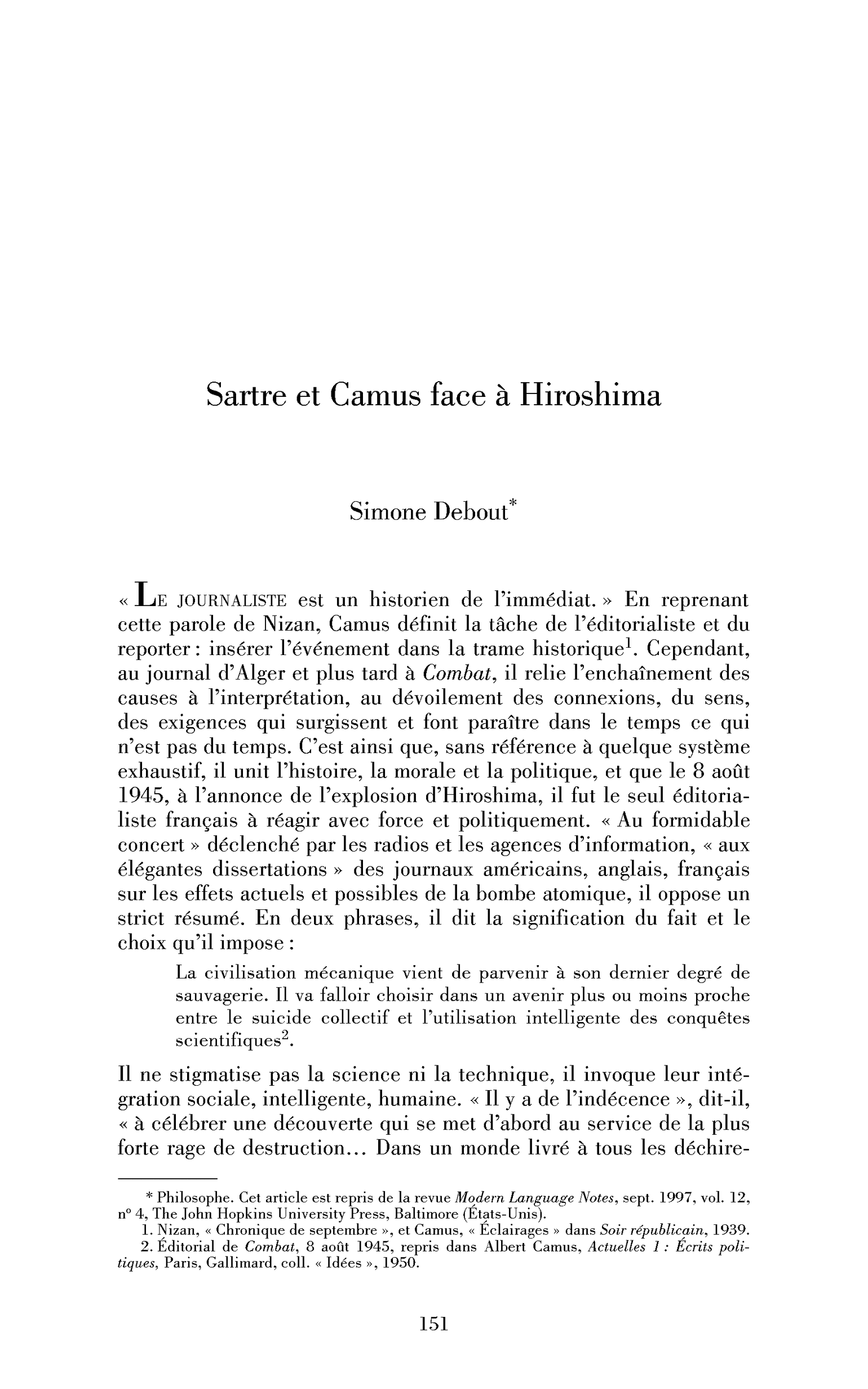 Sartre et Camus face à Hiroshima