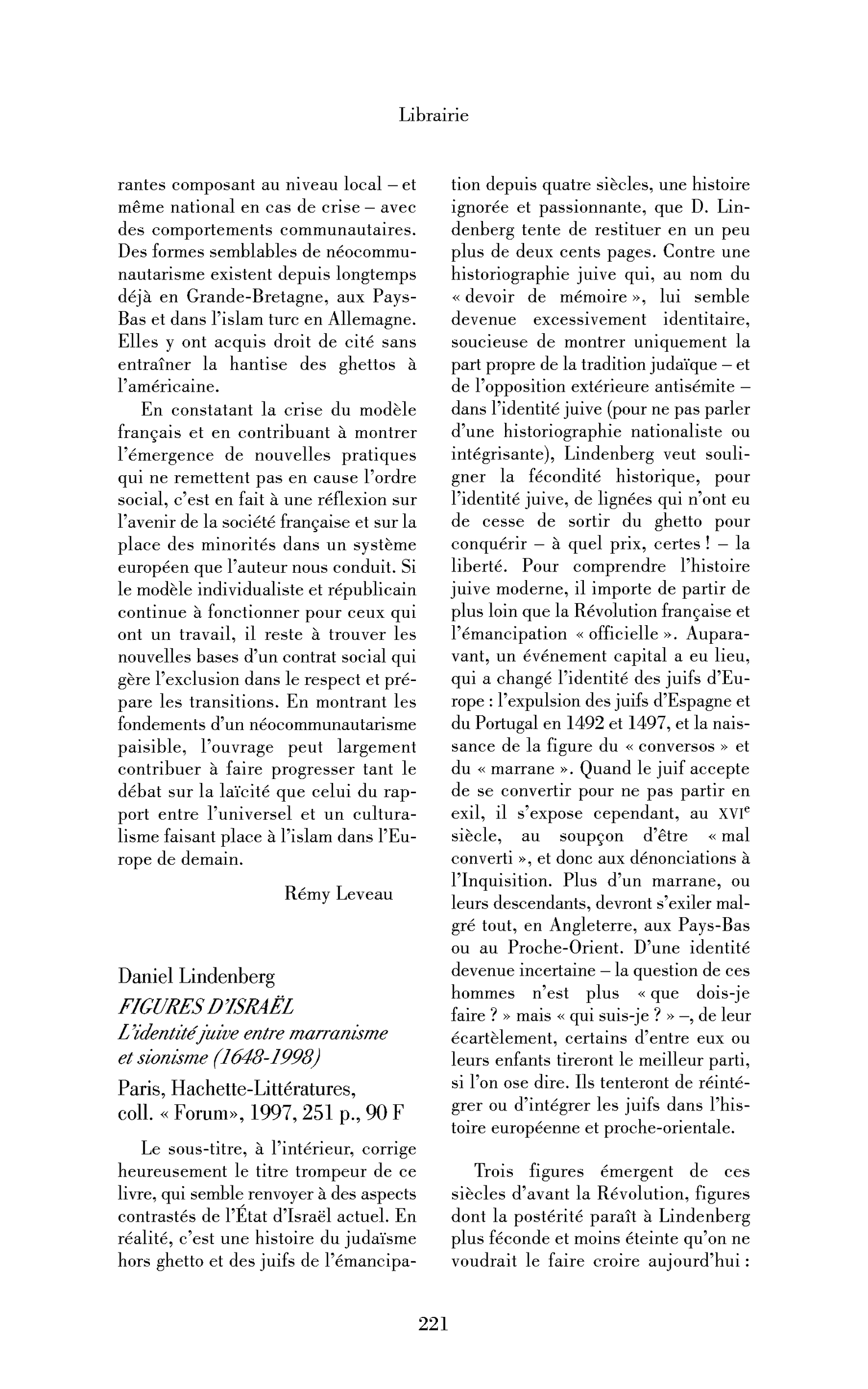 Daniel Lindenberg : Figures d’Israël. L’identité juive entre marranisme et sionisme (1648-1998)